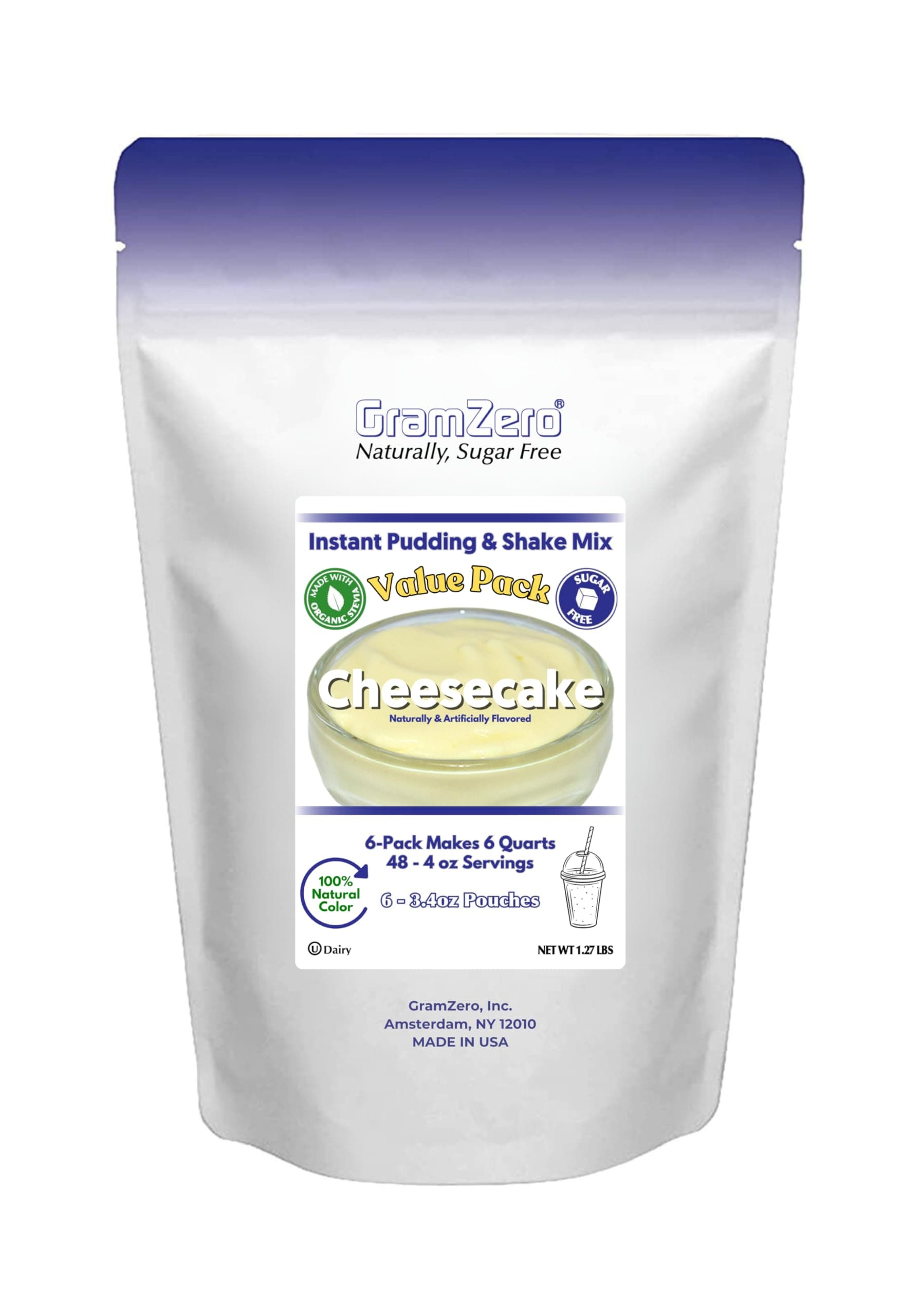GramZero Natural Color CHEESECAKE Sugar Free Pudding Mix 6-Pack, Great For Nutrition Club Meal Replacement Shakes, Low Calorie Dessert, Stevia Sweetened