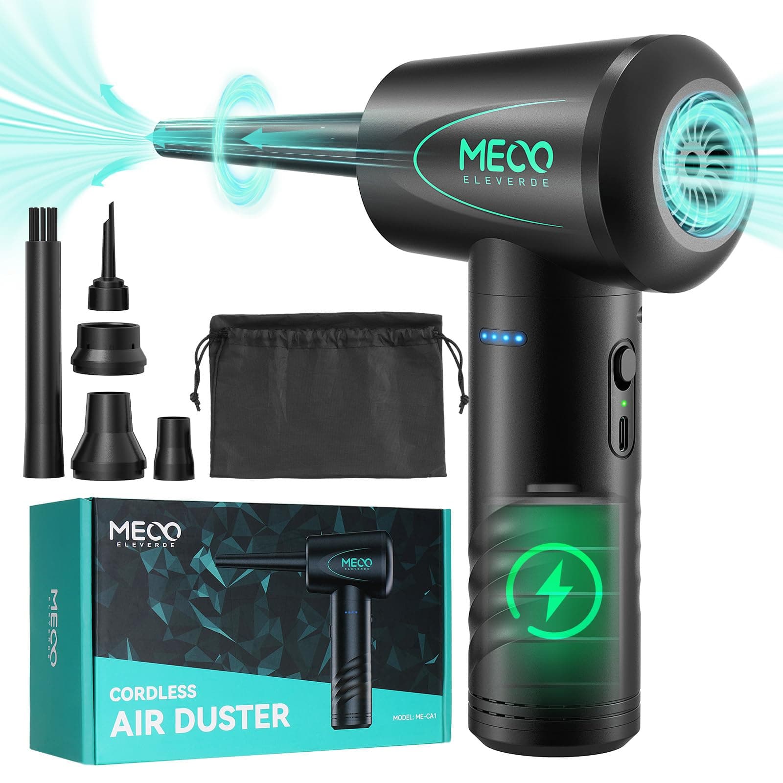 MECO ELEVERDE Compressed Air Duster, Air Blower with LED Light, 3-Gear to 100000RPM, Electric Air Duster for PC/Keyboard Cleaner, Reusable Cordless Air Duster