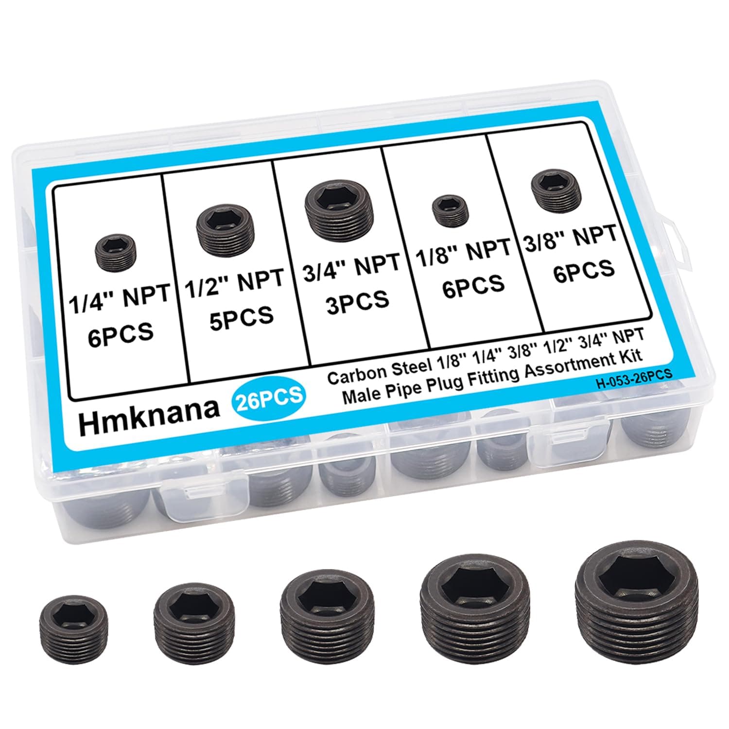 26PCS Black Pipe Plug Fitting Assortment Kit, Carbon Steel 5 Sizes 1/8" 1/4" 3/8" 1/2" 3/4" NPT Internal Hex Thread Socket for Sealing Port