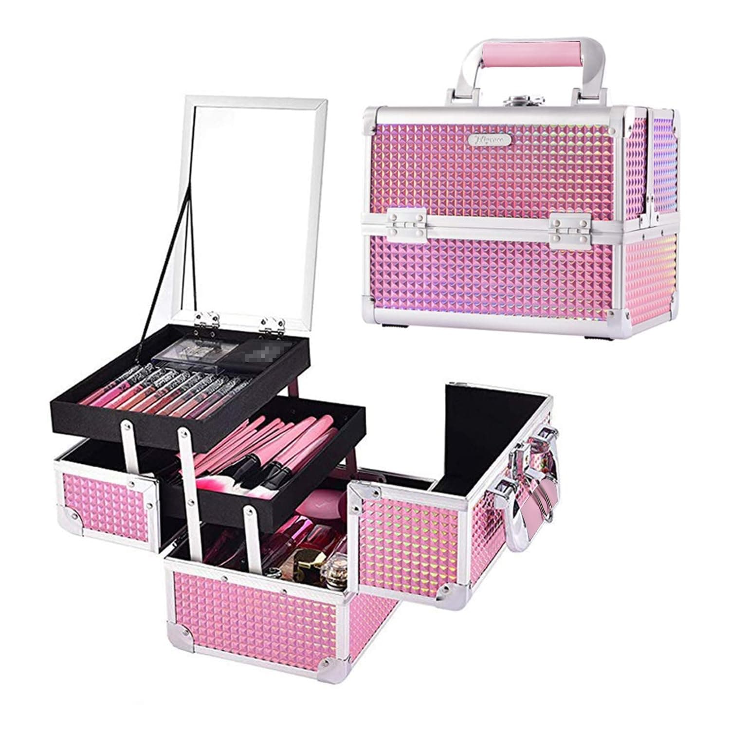 Joligrace Makeup Box Cosmetic Train Case Jewelry Organizer Lockable With Keys And Mirror 2-Tier Tray Portable Carrying With Handle Travel Storage Pink