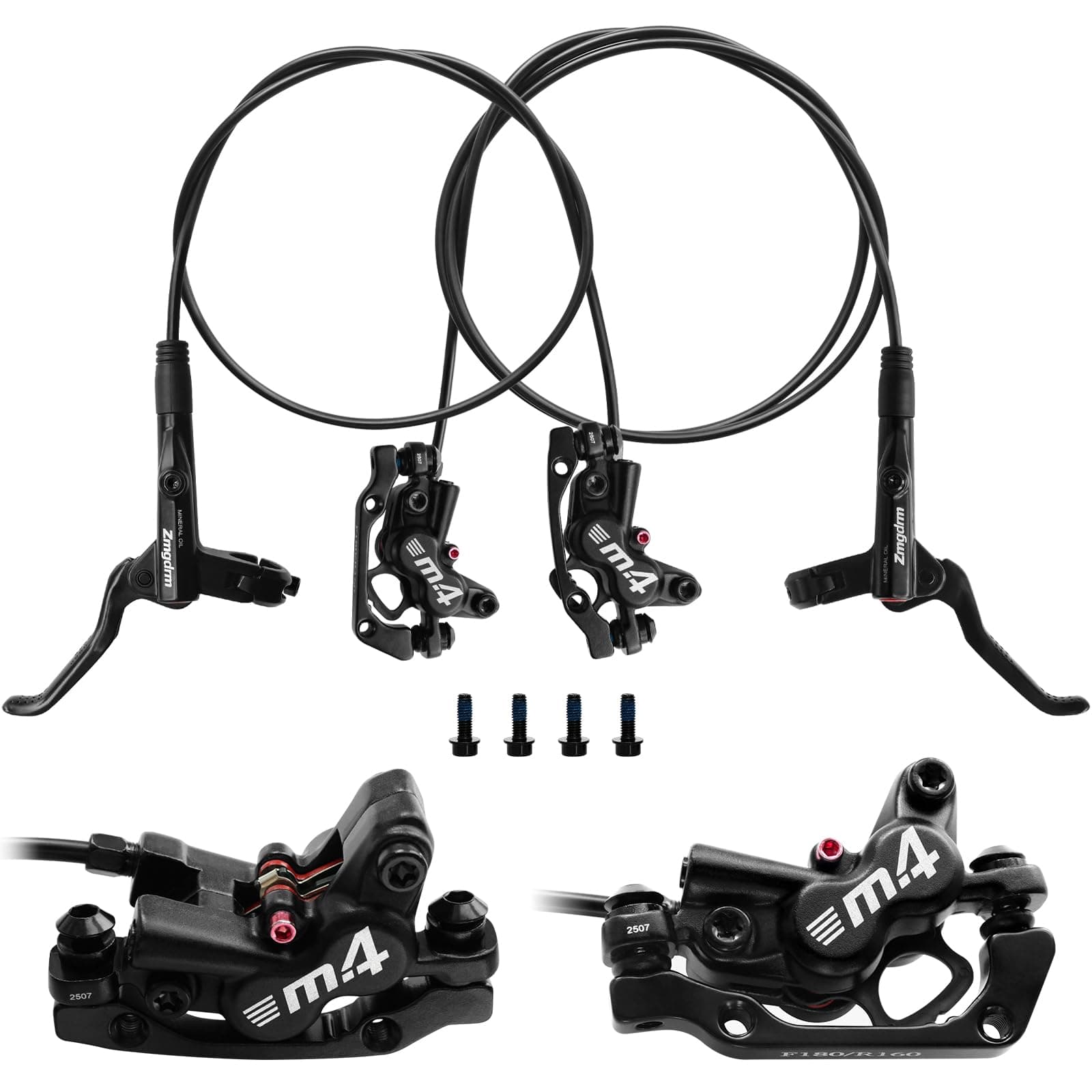4-Piston MTB Hydraulic Brake Set, Left Front 850mm and Right Rear 1600mm Hydraulic Disc Brake Kit with PM/is Adapter, Fits for eBike, Mountain Bike and BMX