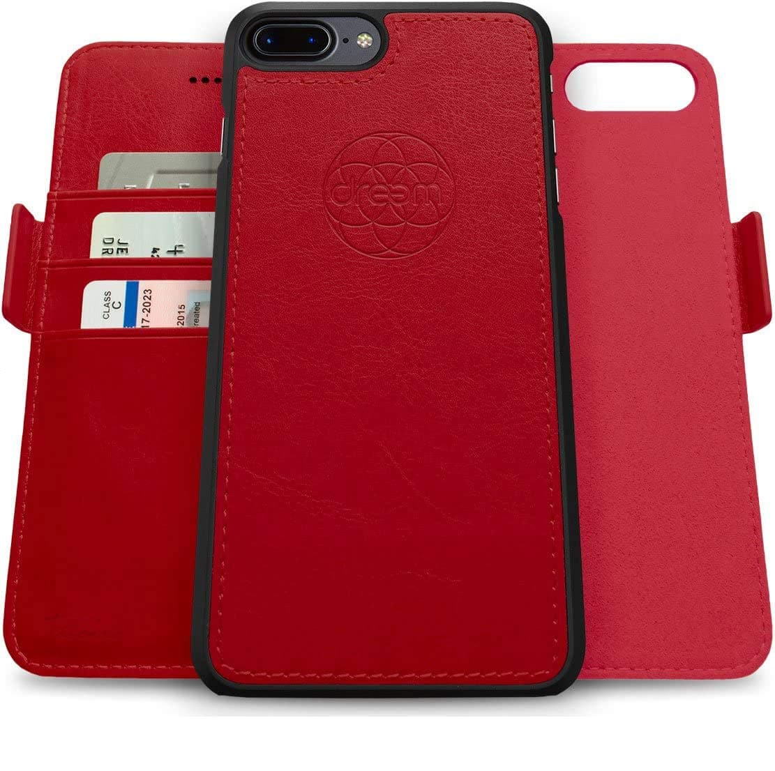 Dreem Fibonacci 2-in-1 Wallet Case for Apple iPhone 8 Plus & 7 Plus - Luxury Vegan Leather, Magnetic Detachable Shockproof Phone Case, RFID Card Protection, 2-Way Flip Stand - Red