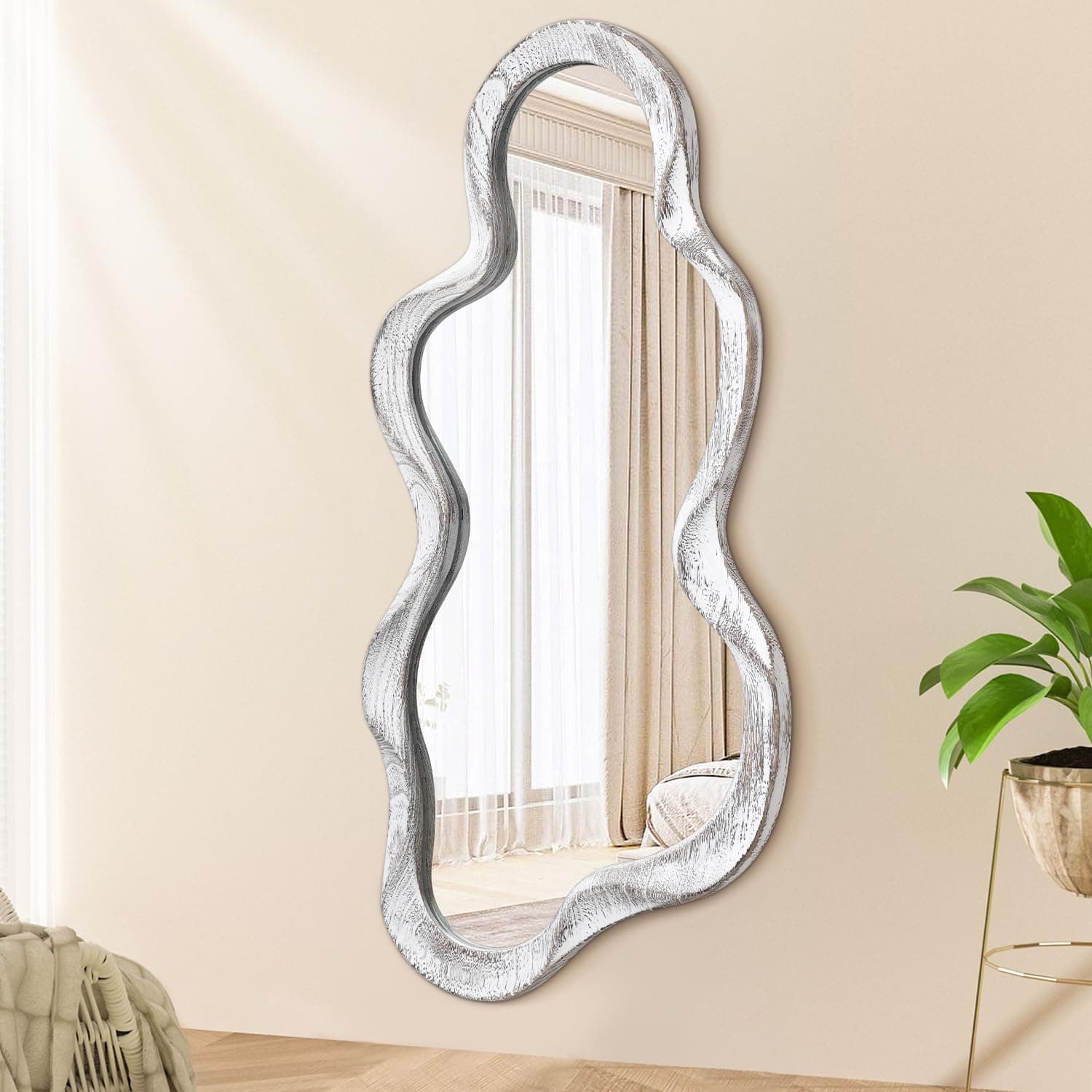 Asymmetrical Mirror Irregular Wall Mirrors Modern Wood Frame Unique Artistic Cute and Stylish Cloud Mirror Decorative for Cloakroom Bedroom Living Room Bathroom Entryway Large White