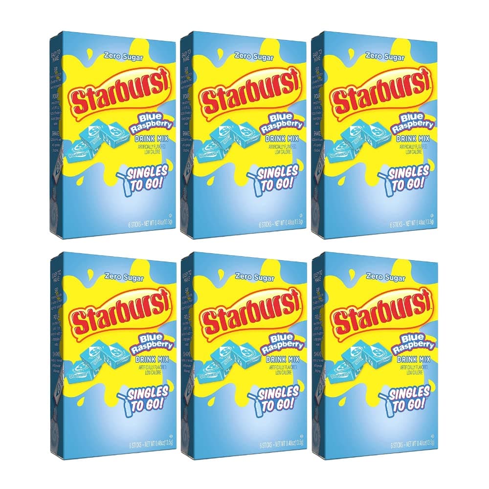 Starburst Singles To Go Powdered Drink Mix, Blue Raspberry, 6 Boxes with 6 Packets Each - 36 Total Servings, Sugar-Free Drink Powder, Just Add Water, 6 count (Pack of 6)