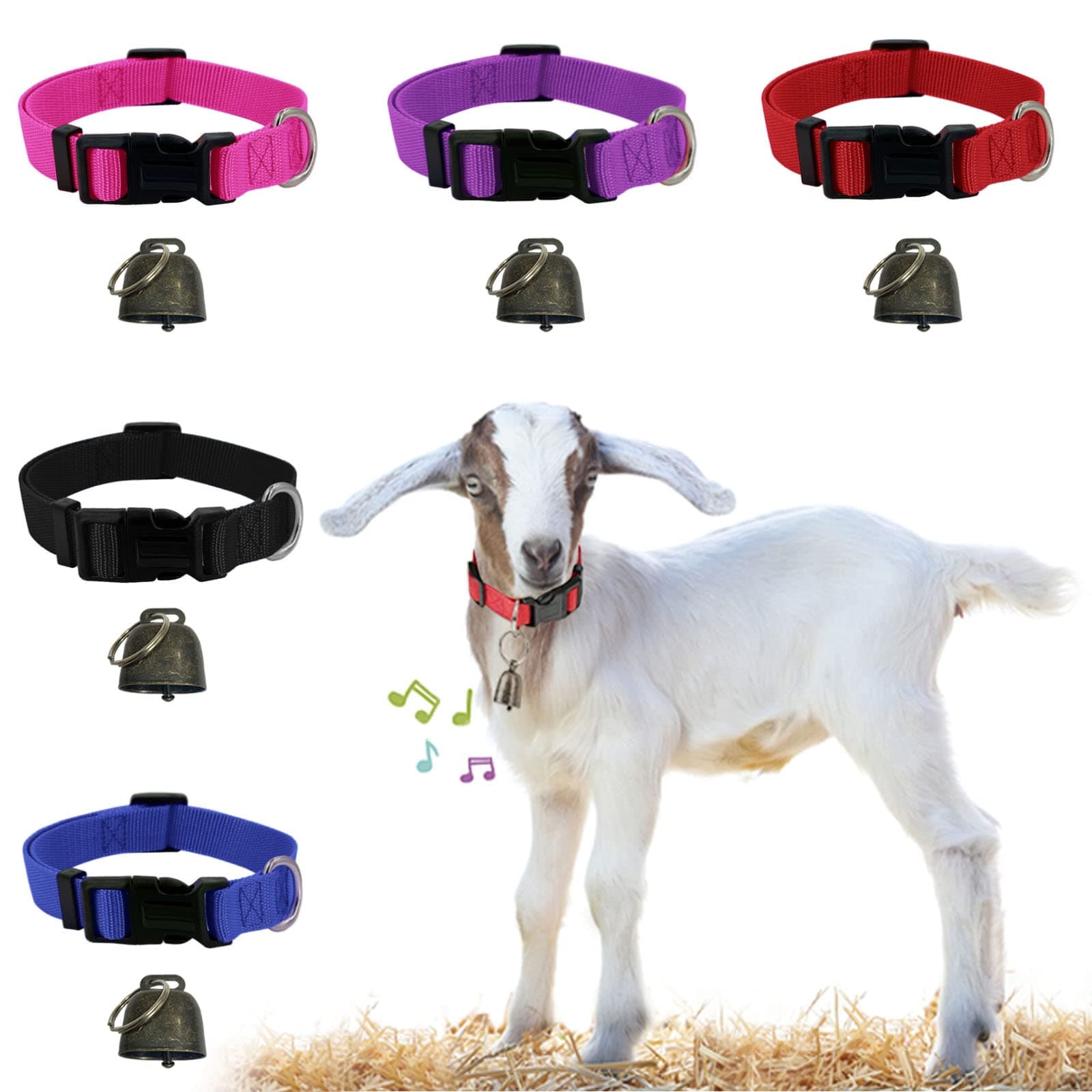 5 Pack Goat Collar with Bell, Sheep Collar with Bell, Grazing Copper Bells and Adjustable Nylon Collar Set for Small Farm Animal Sheep Cow Pet Goat Accessories