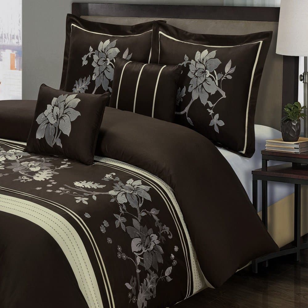 Duvet Cover Set 5 Piece Modern Floral Pattern, Soft 100% Cotton Bedding Zipper Closure, King / Cal King Size 106 x 92 inch, Brown