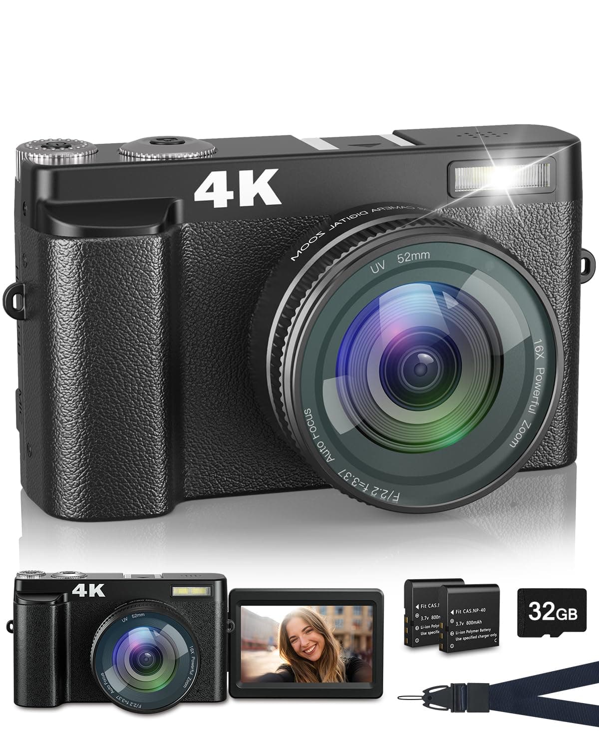 4K Digital Camera with Flash, 48MP Camera for Photography Teens Adults Autofocus Vlogging and YouTube Cameras with Flip Screen, Anti-Shake, 16X Digital Zoom, 32GB Card, Two Batteries, Lanyard