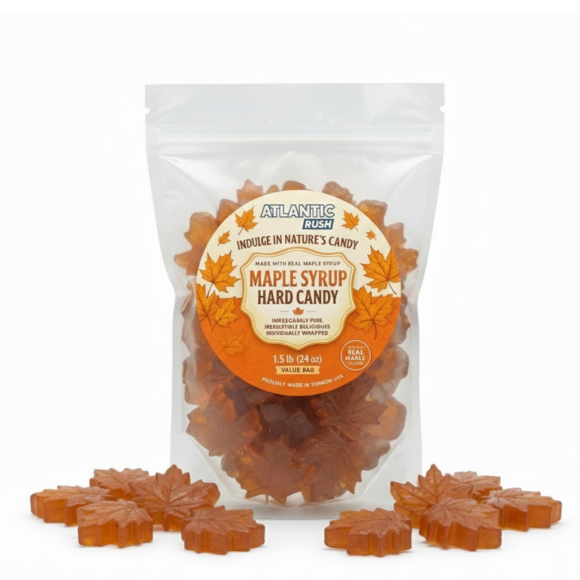 Real Maple Syrup Leaf Drop Candy -Traditional Leaf-Shaped Candies - Hard Syrup Sugar From Vermont- Resealable Bag Maple Syrup Candy- (1.5 LB)