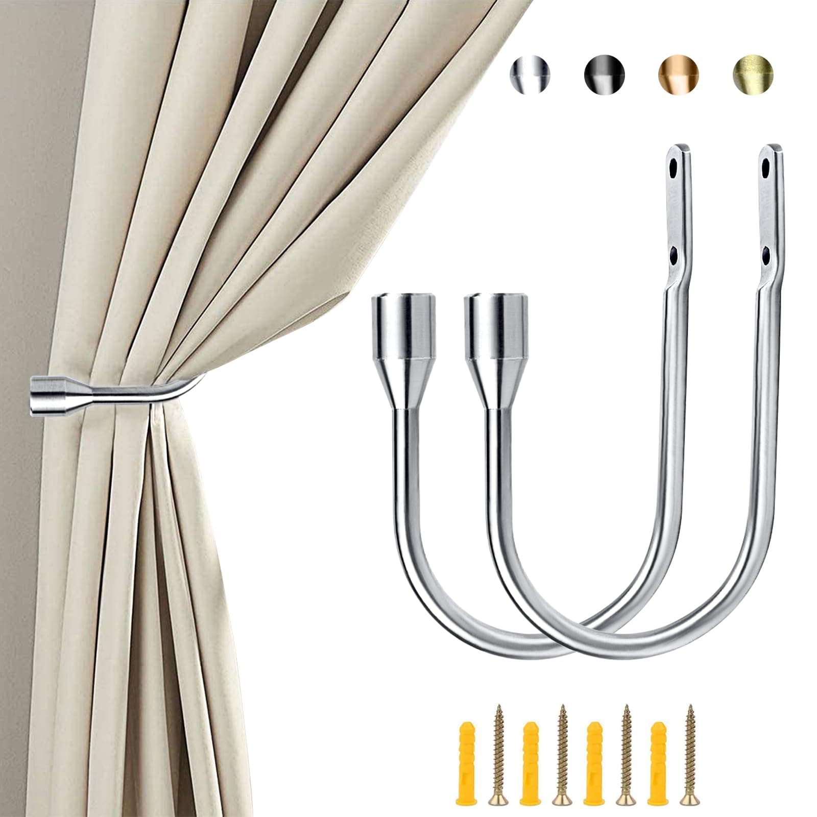 FUNRUI Curtain Tieback Hooks U Style Metal Tie Backs for Curtains Modern Design Tiebacks for Voiles Curtain Holdback (Silver, 2 PCS)