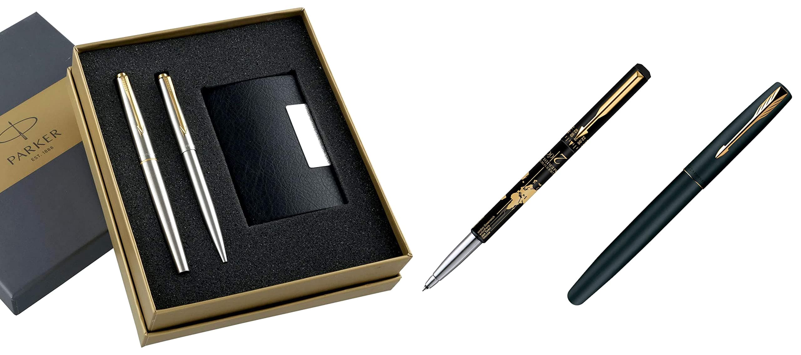 Parker Frontier Matte Black GT Roller Ball Pen (Pack of 1) & Galaxy Gold Trim Ball Pen with Free Card Holder & Moments Vector Timecheck Gold Trim Roller Ball Pen