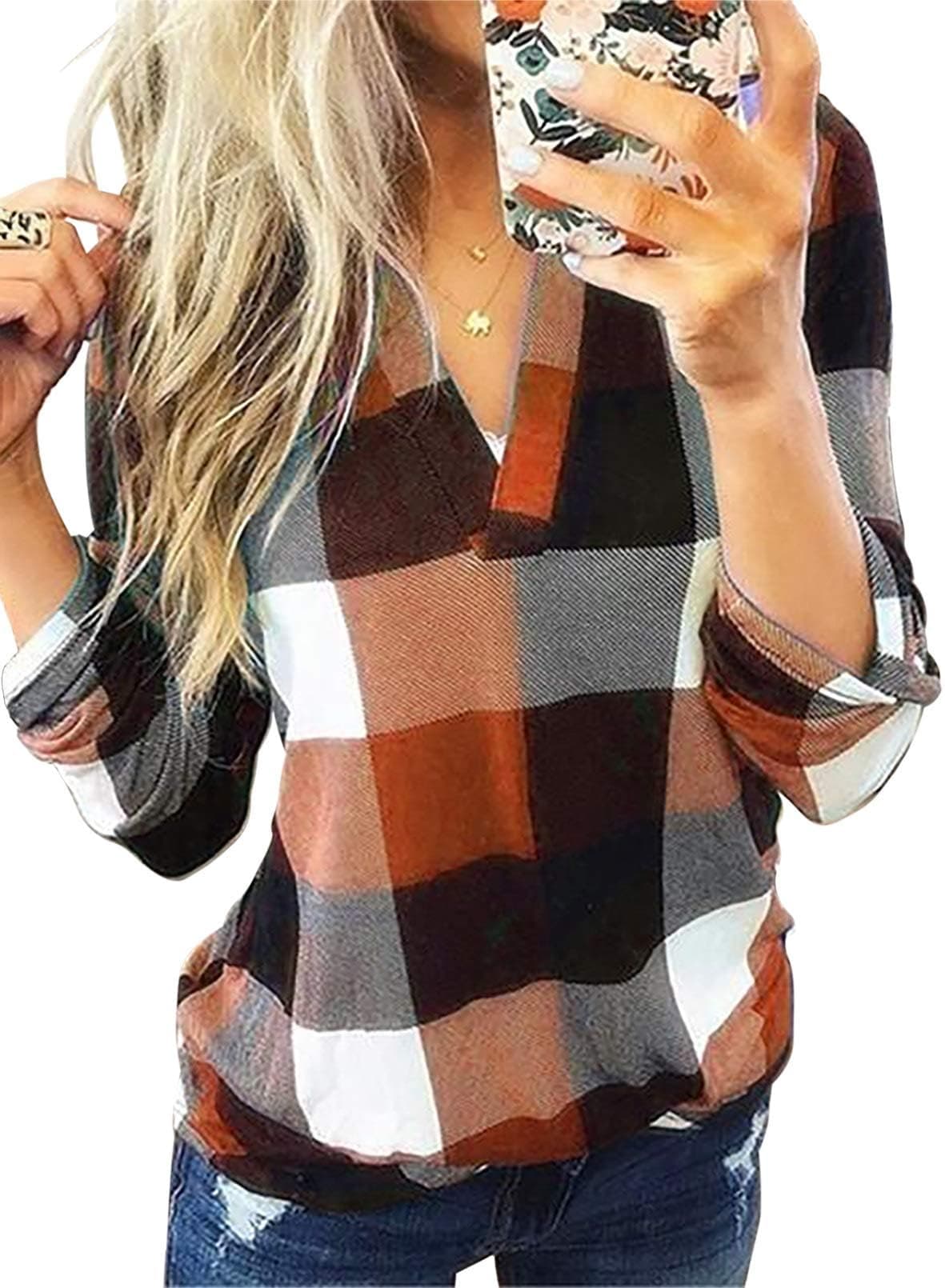 Womens Basic Casual V Neck Plaid Print Cuffed Long Sleeve Work Tops Blouses Shirts S-2XL