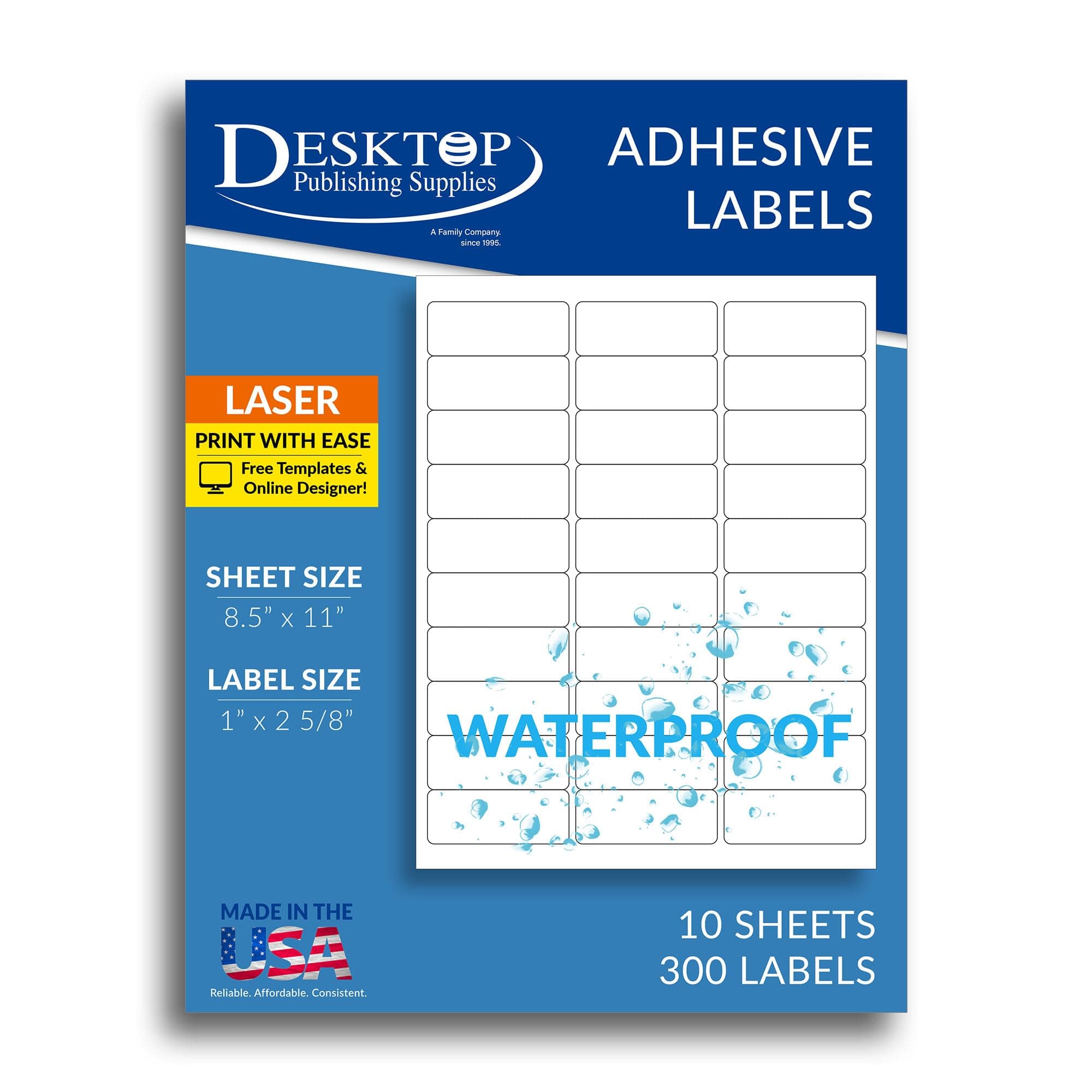 300 Printable Waterproof Labels - 1" x 2-5/8" - 10 Sheets (30 Per Page) - Blank Polyester Weatherproof Shipping & Address Labels - for Laser Printers