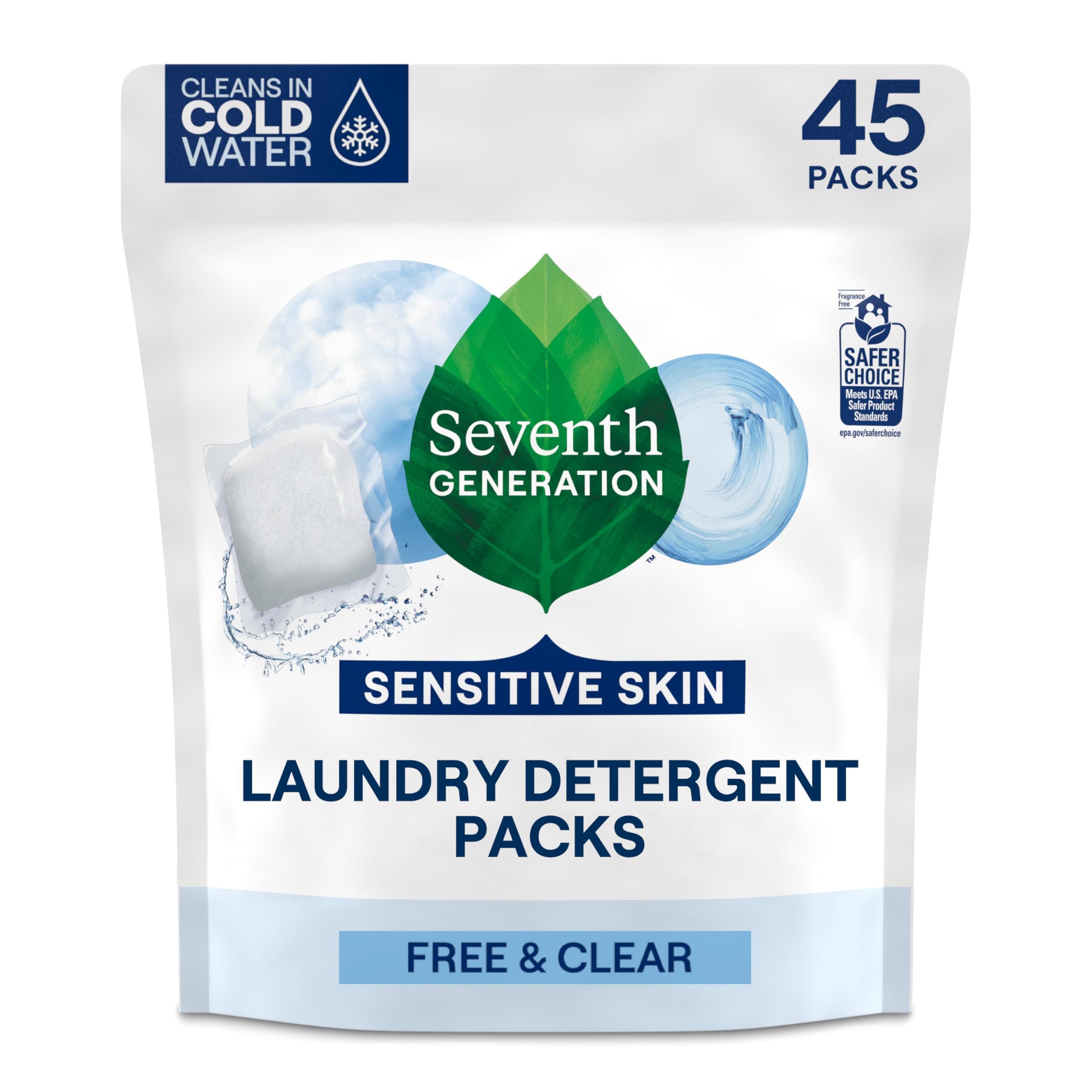 Laundry Detergent Packs, Free & Clear, Made for Sensitive Skin, 45 Count
