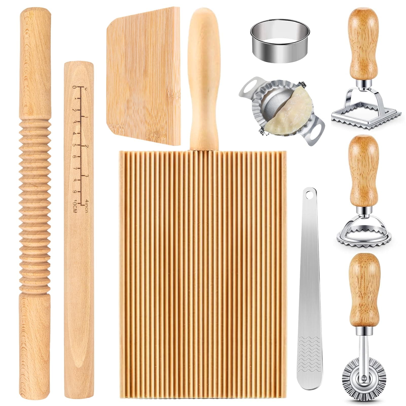 10 Pcs Pasta Making Tools Kit, Wooden Threaded Rolling Pin, Rolling Pin With Scales, Gnocchi Board, Dough Scraper, Dumpling Maker, 5 Ravioli Stamp Maker Cutter For Pasta Maker And Kitchen DIY Gift