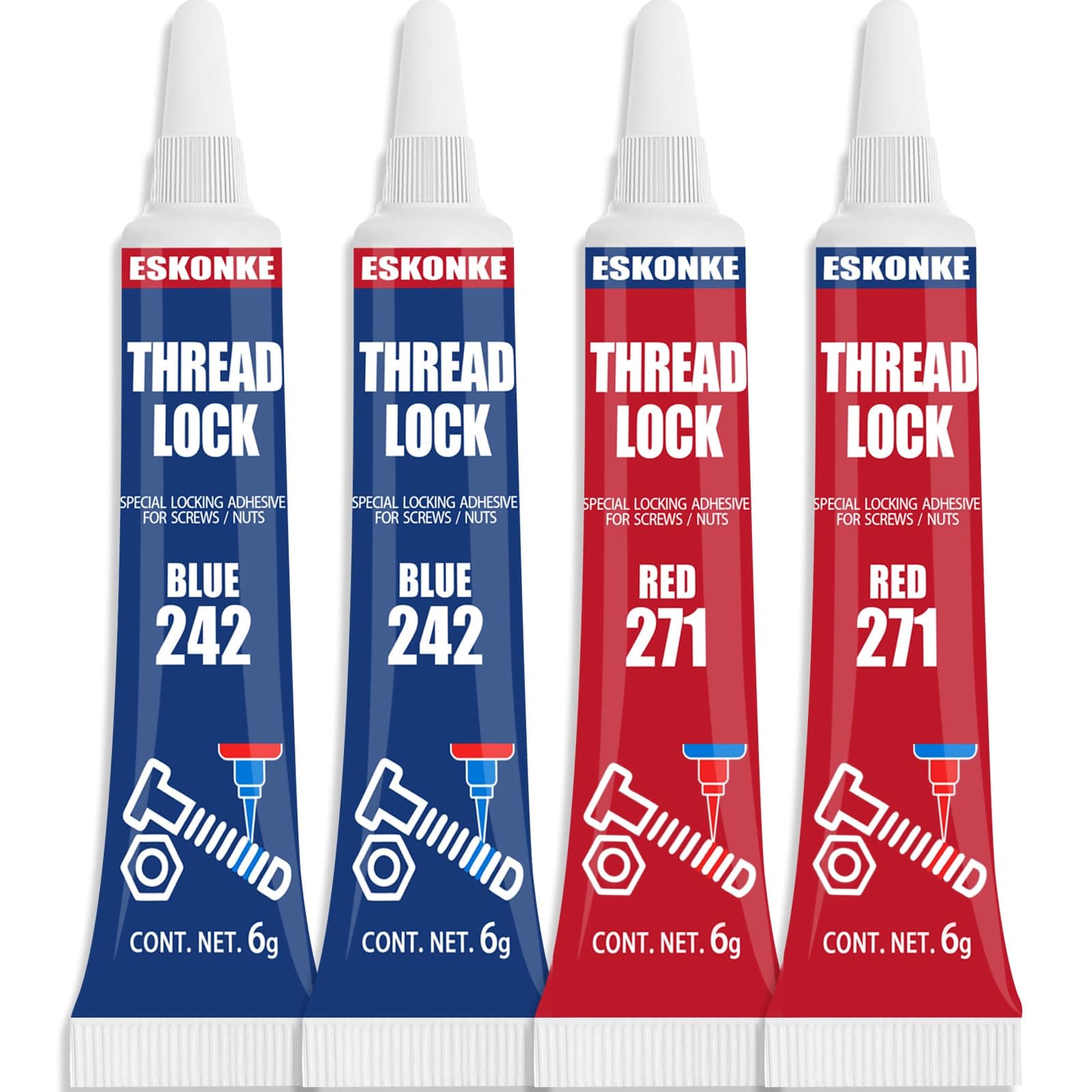4 Pack Thread Locker Blue 242 and Red Threadlocker 271, Nuts & Bolts Locker Lock Tight & Seal Fasteners Thread Locking Compound Anaerobic Curing Metal Glue (242/271)