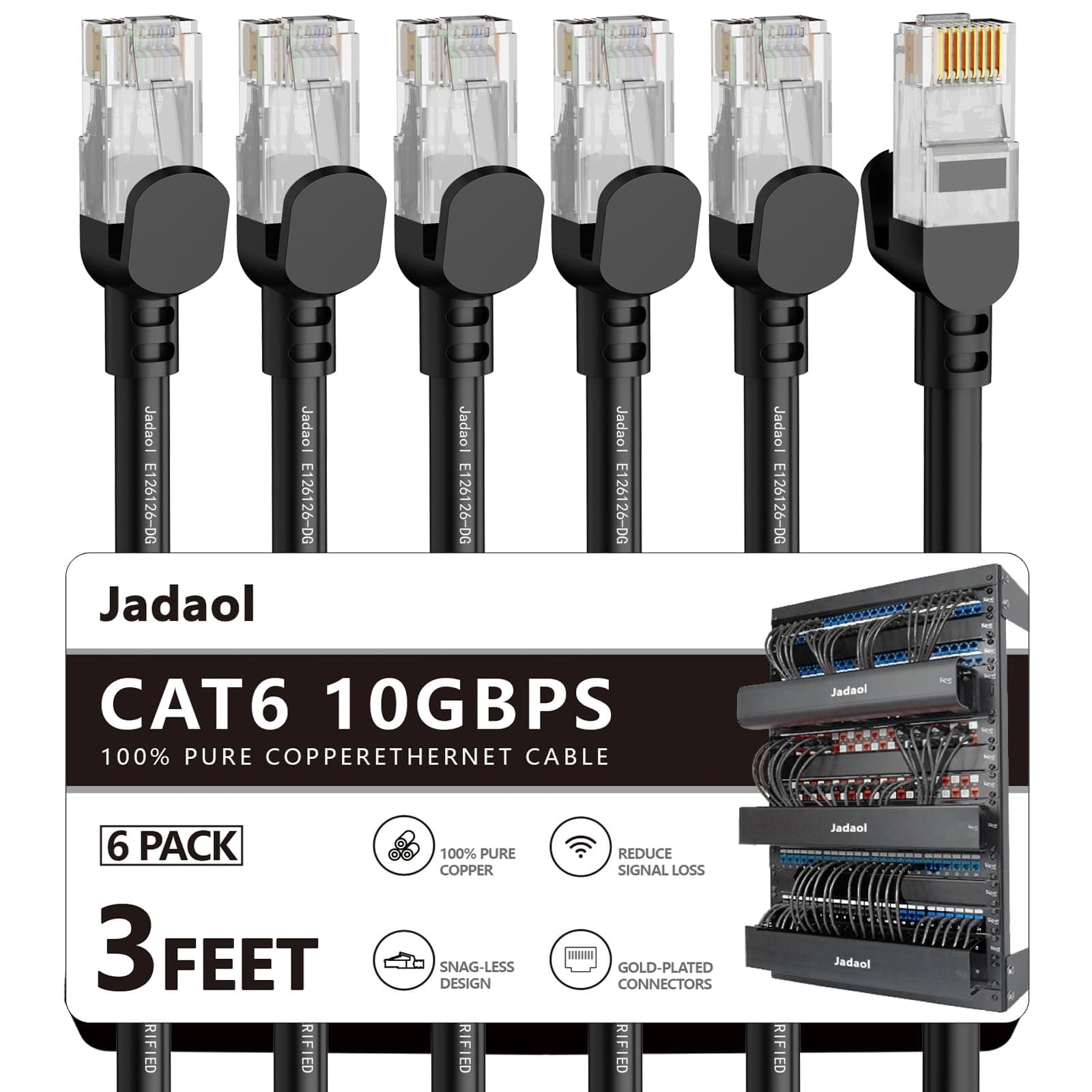 Cat 6 Ethernet Cable 3ft 5Pack, 24AWG Pure Copper, 10Gbps Round Network Cable, Support Cat8/Cat7 Network, Internet Patch Cable for Router, Modem, PC, Switch, 24 Port/48 Port Patch Panel, Gaming, Black