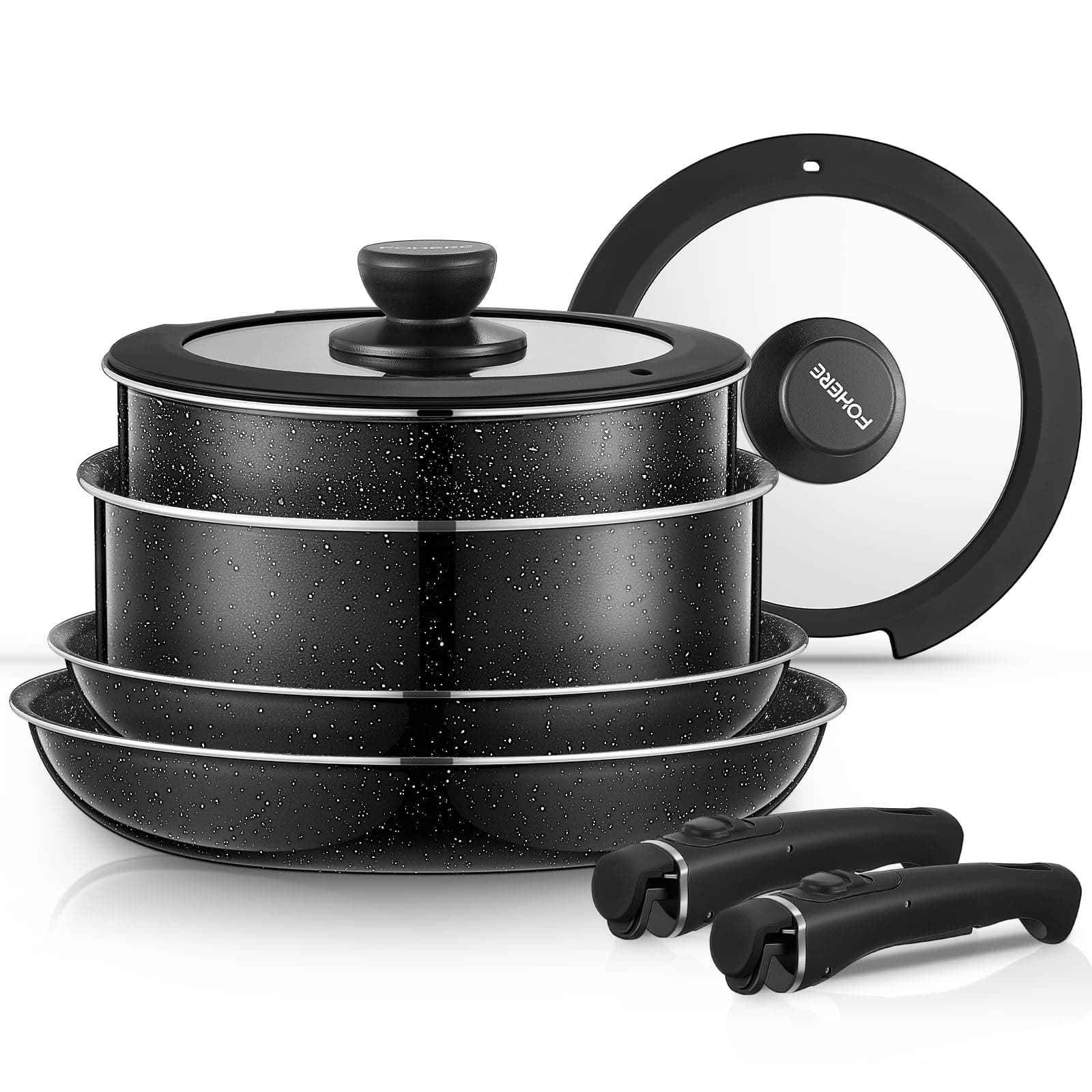 FOHERE Pots and Pans Set Nonstick, 8 Piece, with 2 Removable Handles and 2 Lids, Induction Kitchen Cookware Set for all Stoves, Oven & Dishwasher Safe, Saucepan and Frying Pan, RV Cookware, Aluminum