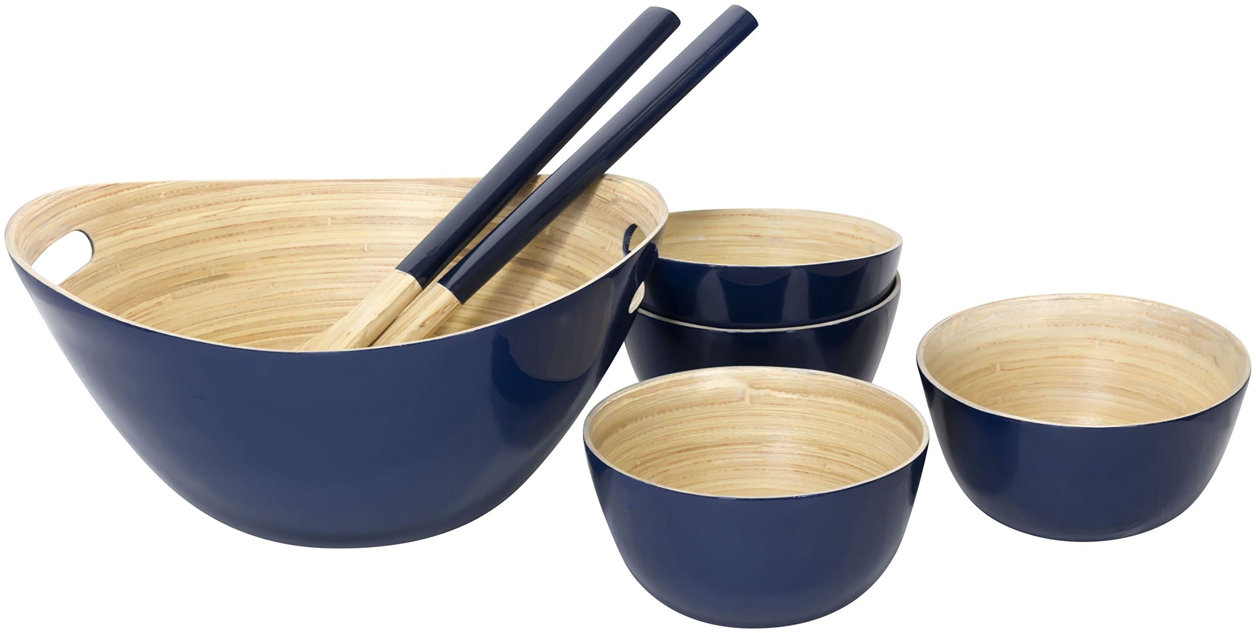 Bamboo Salad Server Set, Large Salad Bowl, 4 Serving Bowls, Tongs (Blue)