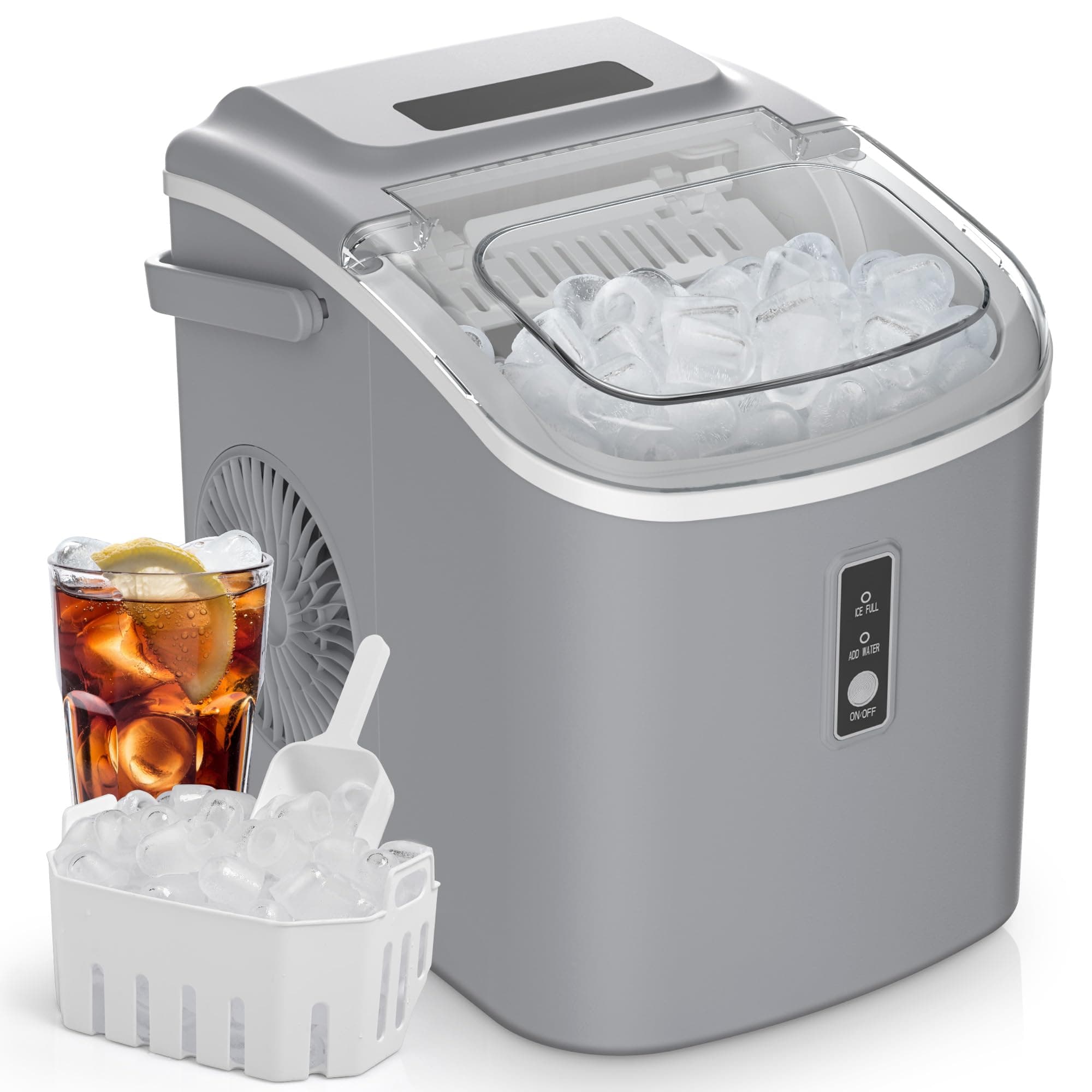 EUHOMY Countertop Ice Maker Machine with Handle, 26.5lbs Per Day, 9 Cubes in 6 Mins, Auto-Cleaning Portable Ice Maker with Basket and Scoop, for Home/Kitchen/Camping/RV (Grey)