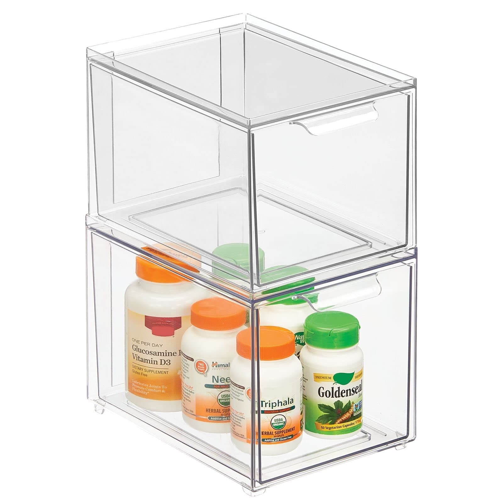 mDesign Plastic Bathroom Organizer Bin w/Pull Out Drawer - Slim Stackable Storage Container for Bathroom Accessories - Perfect for Organizing Bathroom Cabinet - Lumiere Collection - 2 Pack - Clear