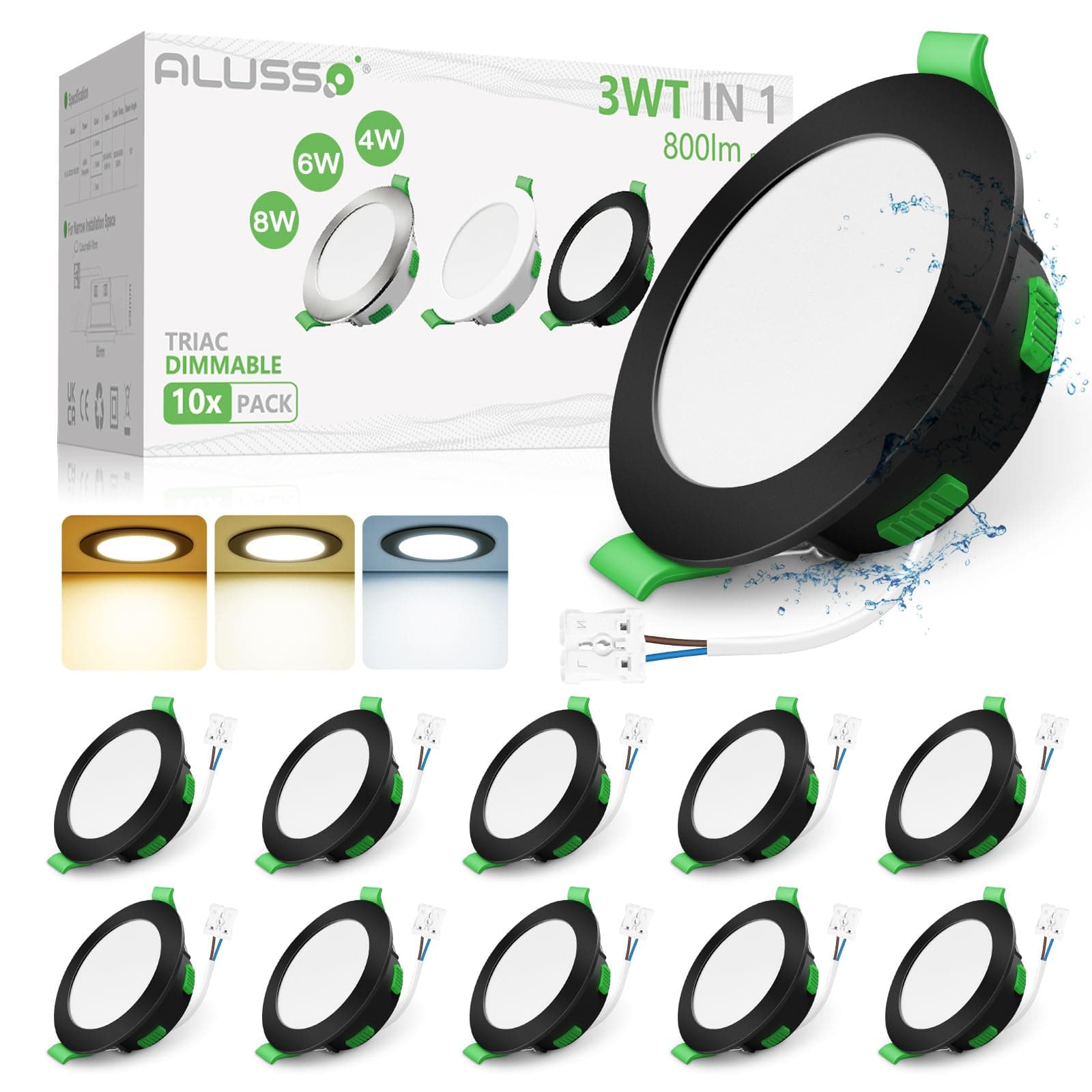 Black LED Downlights Dimmable 4W 6W 8W Selectable Slim Recessed Ceiling Lights, 3CCT 3000K Warm 4000K Neutral 6500K Cool Adjustable IP44 Spot Lights for Bathroom Kitchen, 10 Pack