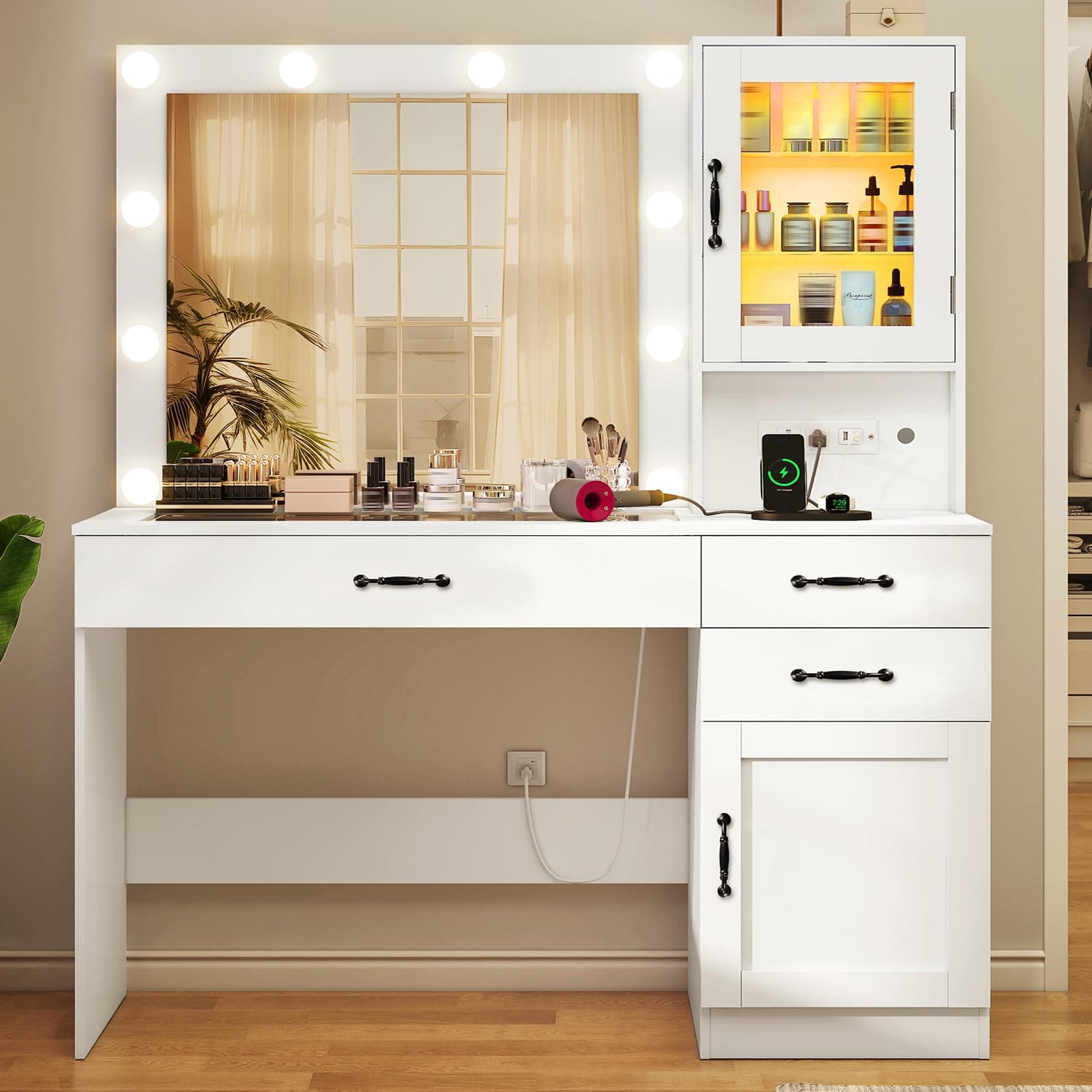 Quimoo Vanity Desk, Makeup Vanity with Lights, Large Mirror Vanity with 3 Drawers and 2 Cabinets, Vanity Table Set with Power Outlet and Glass Tabletop, for Bedroom (White)