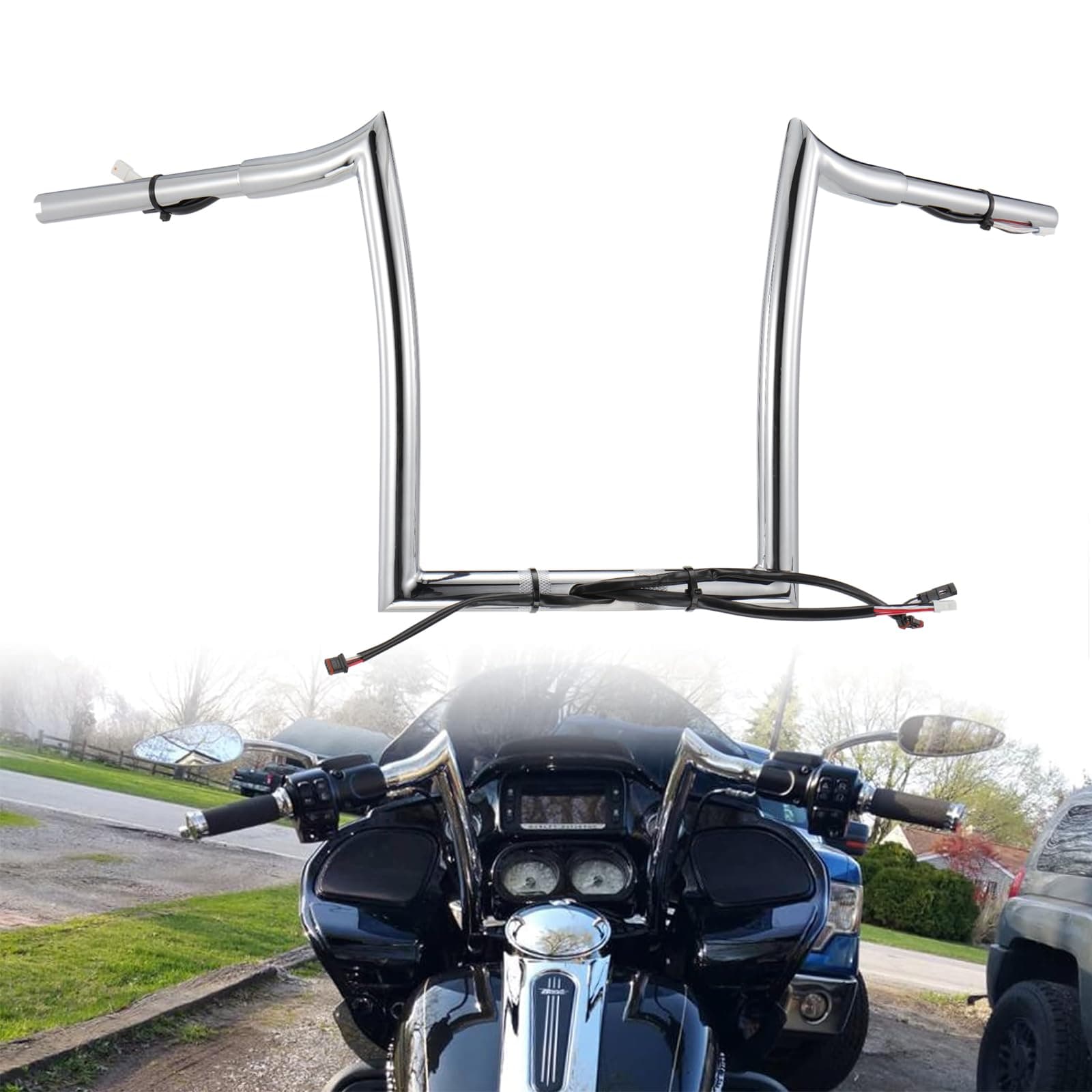 TIGERSGATE Chrome Pre-wired 14" Rise Road Glide Meathook Monkey Bars 1 1/4" Ape Hanger Handlebars Designed for 2016-up Harley Road Glide Models