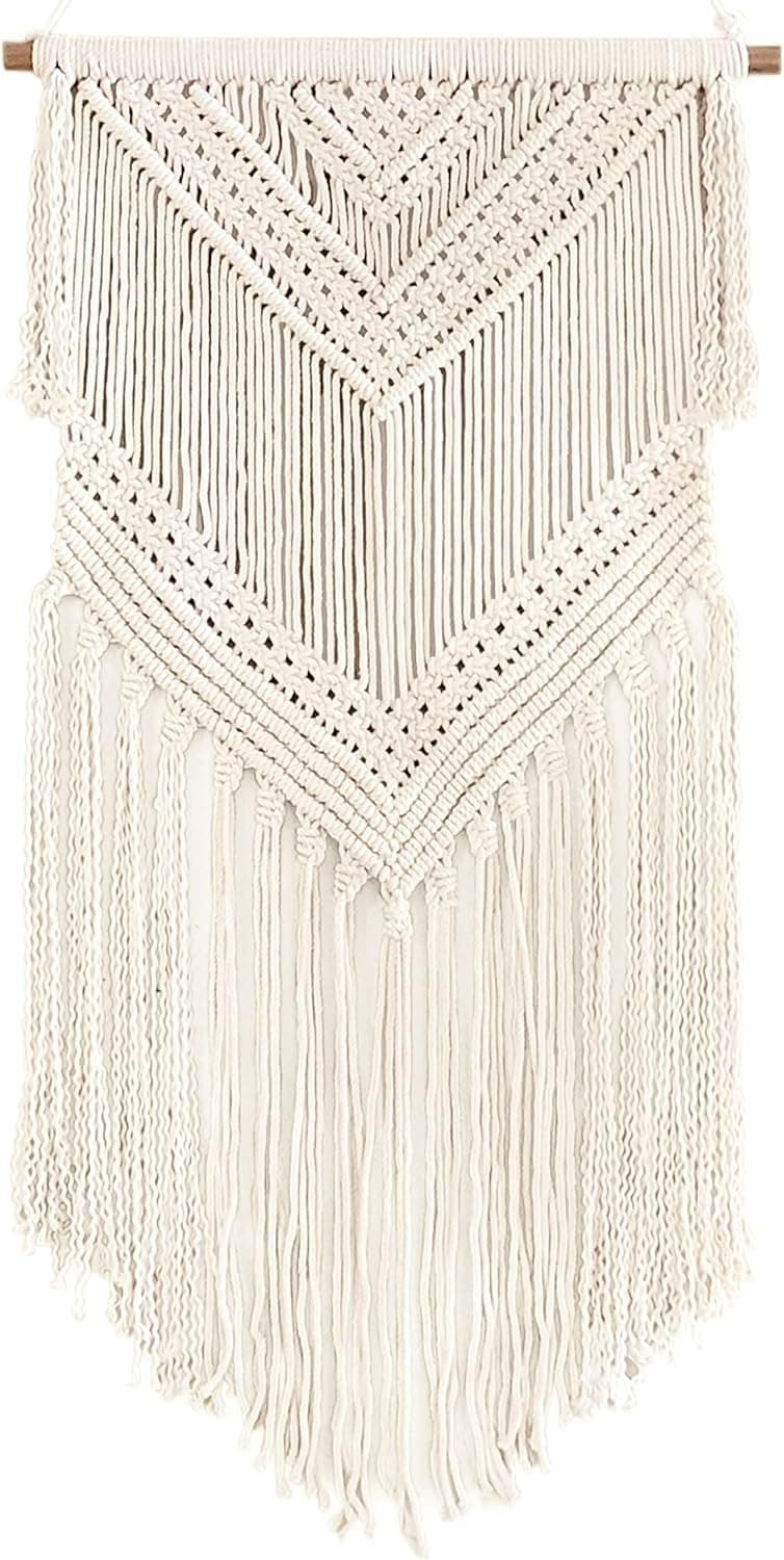 Daruh craft Boho Macrame Woven Wall Hanging Beige 16 in x 36 in Modern Bohemian Tapestry wall Art Decor for House, Apartment, Dorm, Bedroom, Nursery, Party Decorations, Wedding, Wall Ornament