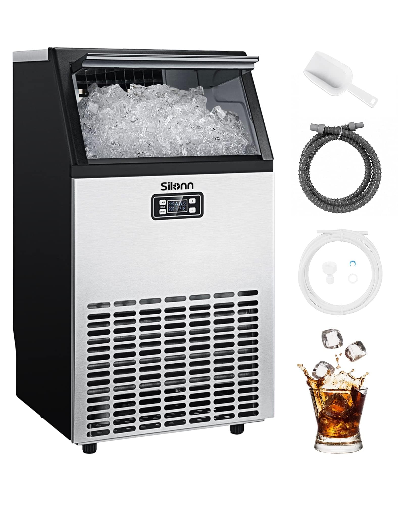 Silonn Commercial Ice Maker Machine, Creates 100lbs in 24H, 33lbs Ice Storage Capacity, Stainless Steel Freestanding Ice Maker with Auto Self-Cleaning for Home Office Bar Parties (SLIM11)