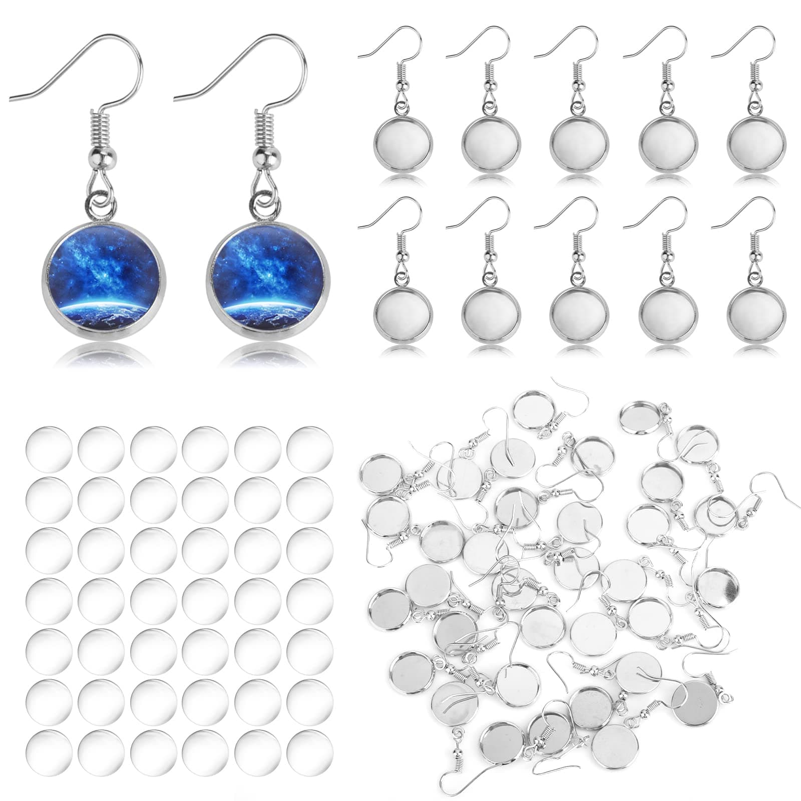 100 Pieces Blanks Earring Hooks for Jewellery Making, Includes 50 Pcs Earrings Wire Hooks Blanks Bezel Trays with 50 Pieces 12 mm Glass Cabochons Setting for Earrings Making DIY Craft Accessories