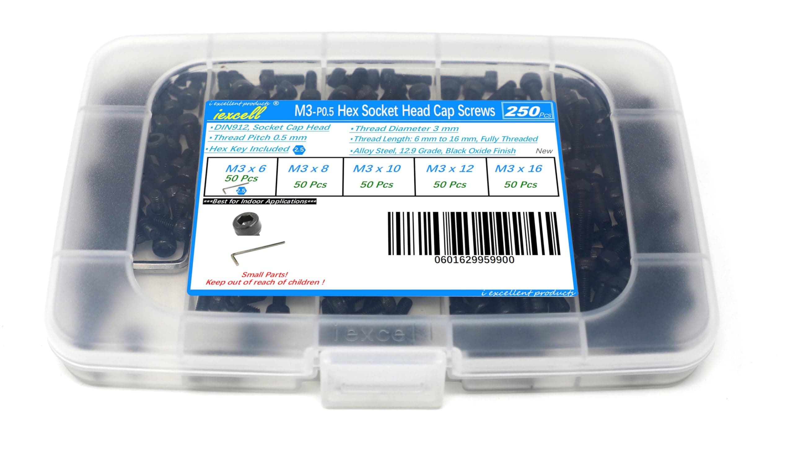 250 Pcs M3 x 6/8/10/12/16 mm Hex Socket Head Cap Screws Bolts Assortment Kit, 12.9 Grade Alloy Steel, Black Oxide Finish