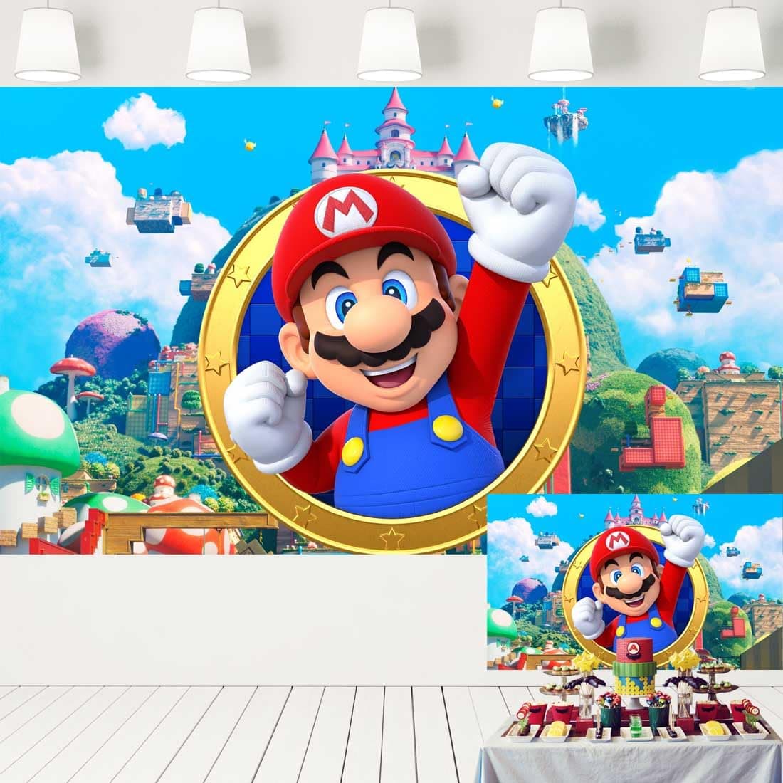 Super Mario Party Decorations Backdrop Video Game Mario Bros Theme Background Kids Party Supplies Mario Ring Banner for Cake Table 7x5 ft 530, Blue and red