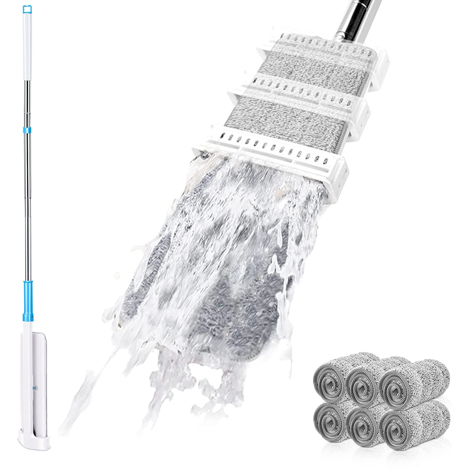 Self Wringing Flat Mop,360 Hands Free Wash Microfiber Floor Mop,Stainless Steel Handle and 6 Reusable Microfiber Pads,Flat Mop for Hardwood Laminate Tile