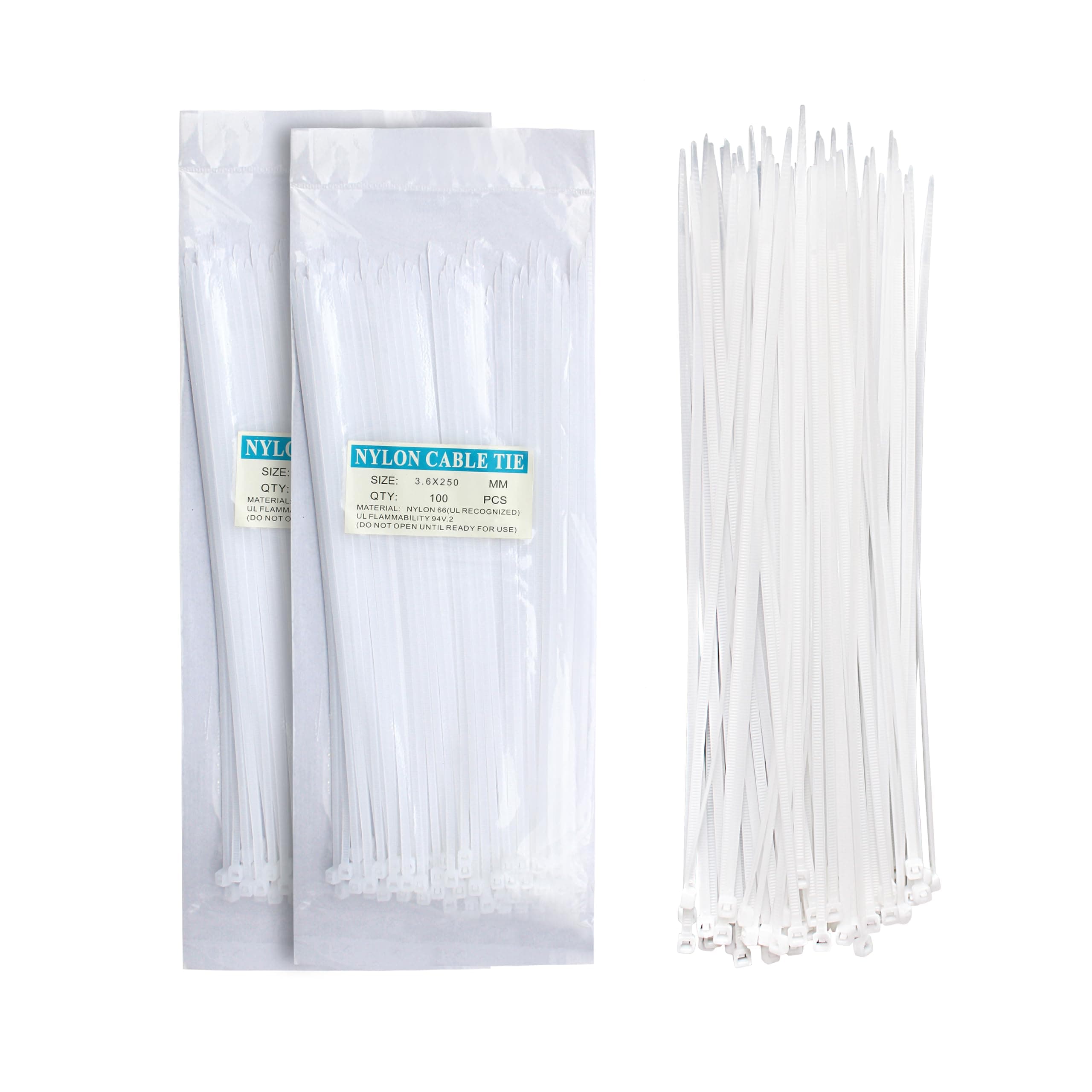 Cable Zip Ties, 3.6x250 mm 200 Pieces White Multi-Purpose Self-Locking Nylon Cable Cord Management, Plastic Wire Ties for Home, Office, Garden, Workshop