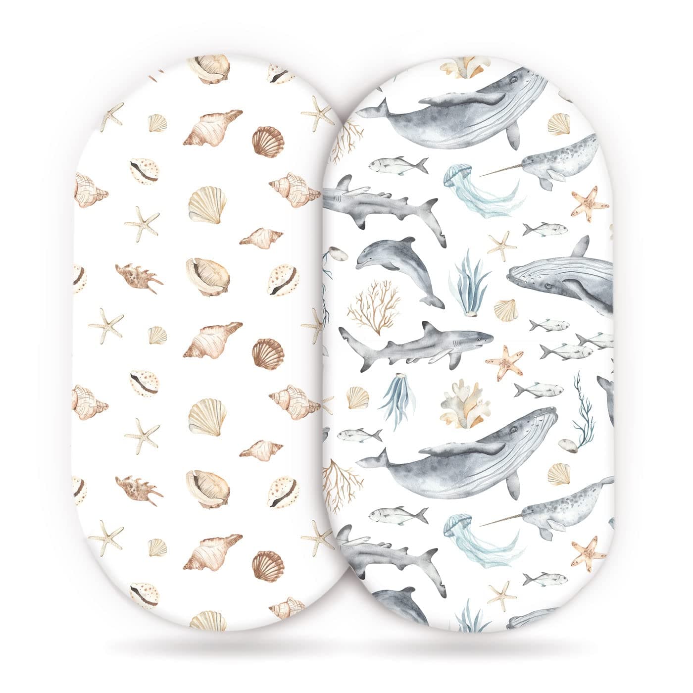 GRSSDER Stretchy Ultra Soft Fitted Bassinet Sheets Set 2 Pack, Cradle Sheet Universal Fit for Rectangle, Oval, or Hourglass Bassinet Pad/Mattress Safe and Snug, Stylish Cute Whale Sea Worl for Baby