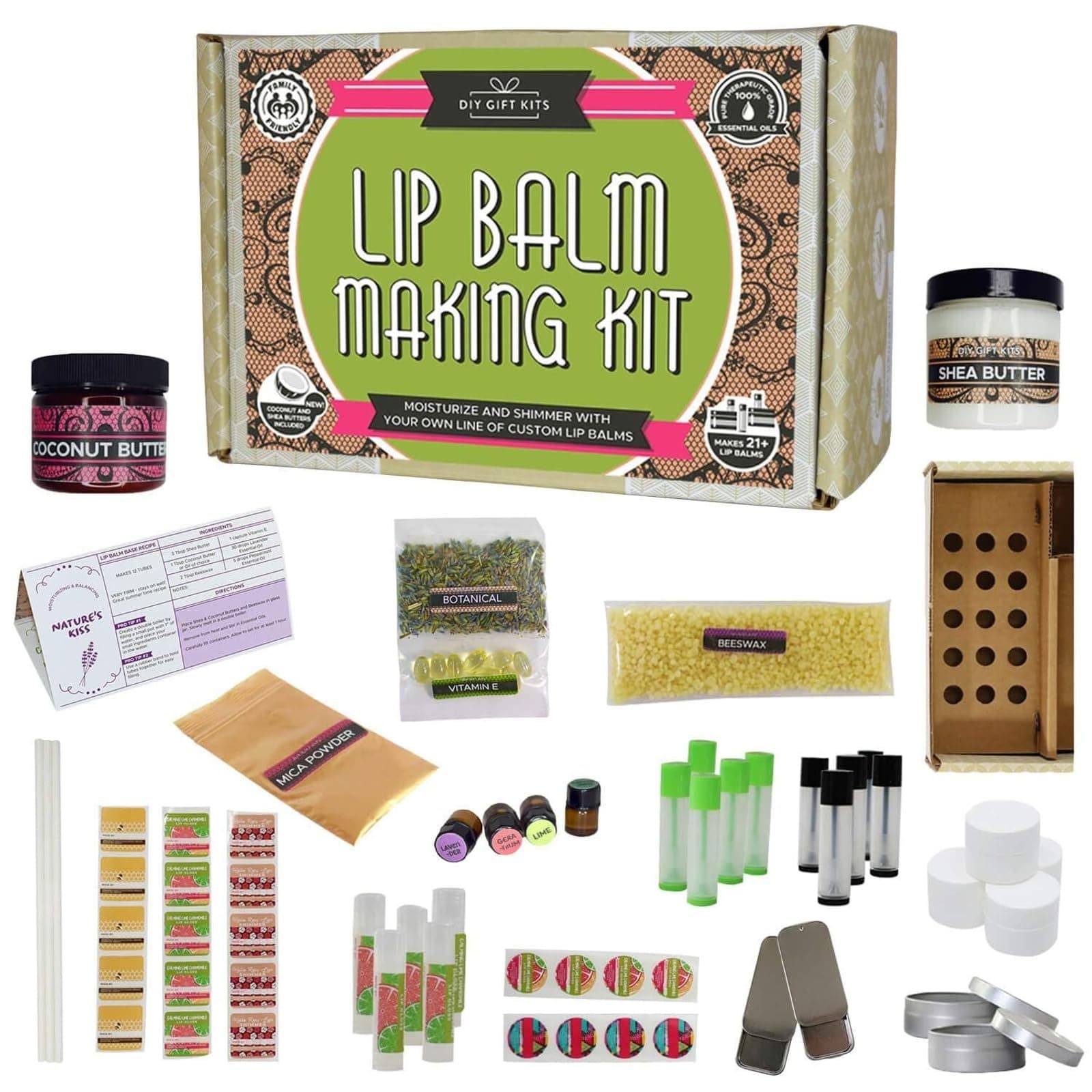 DIY Gift Kits Lip Balm Making Kit - DIY Self-Care Craft Kits - Lip Balm Equipment with Mica & Tubes - DIY Homemade Products with Shea & Coconut Butter - 73-Piece Set, Lime & Rose, Assorted