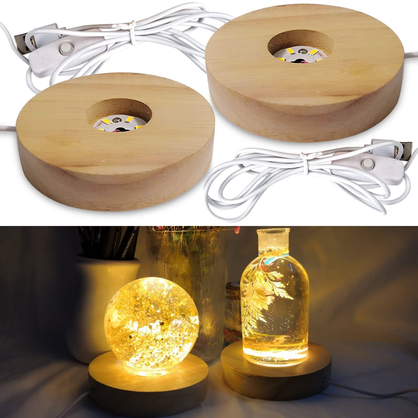 MAKINGTEC Glowing Display Bases, Wood with Led Light Round Lamp Base Stand, Night Light for 3d Laser Crystal Glass Resin Sphere Cylindrical Cube Art Display (2 Pieces, 3.94inch)