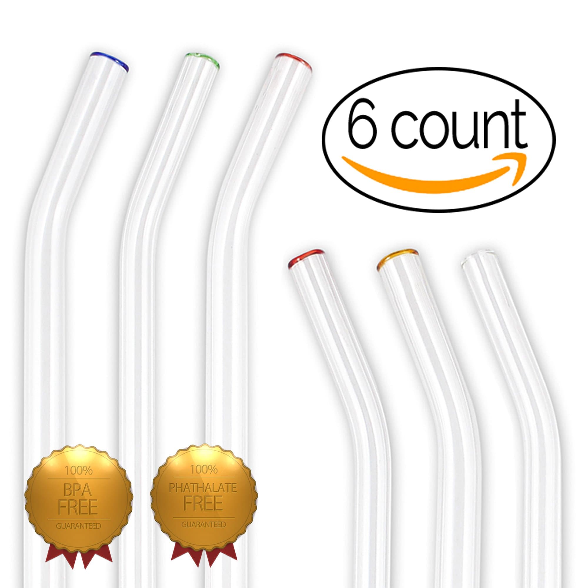 Konig Glass Straw Set - Includes 6 Reusable Handmade Clear Bent Straws - Quality Durable Glass Drinking Straws - Perfect Straw For Smoothies, Tea, Juicing, & Coffee -FREE GIFT: 2 Cleaning Brushes