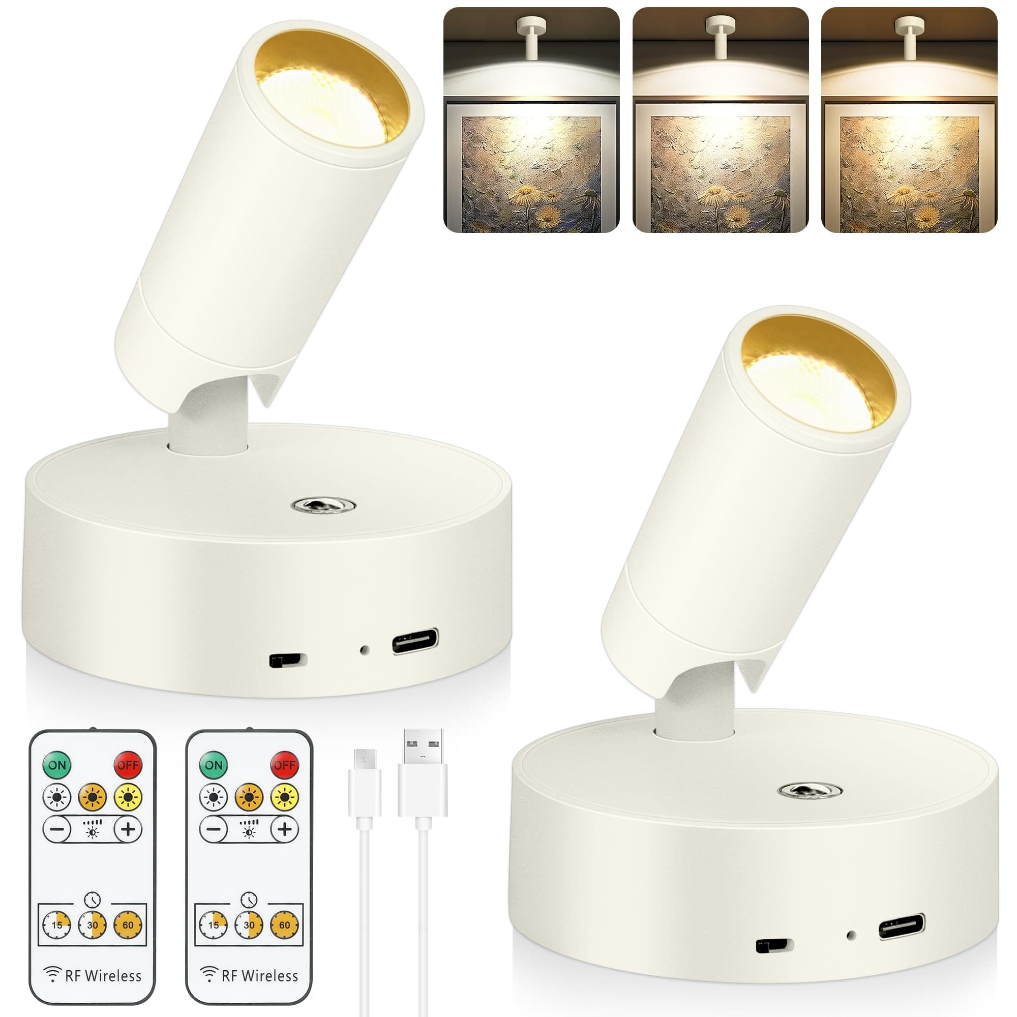 Led Spotlight Battery Operated, Wireless Spot Light for Painting Art Display on Wall with Remote, Indoor Uplight for Tree Plants, Dimmable Accent Light for Painting Frame Portrait Gallery -Ivory White