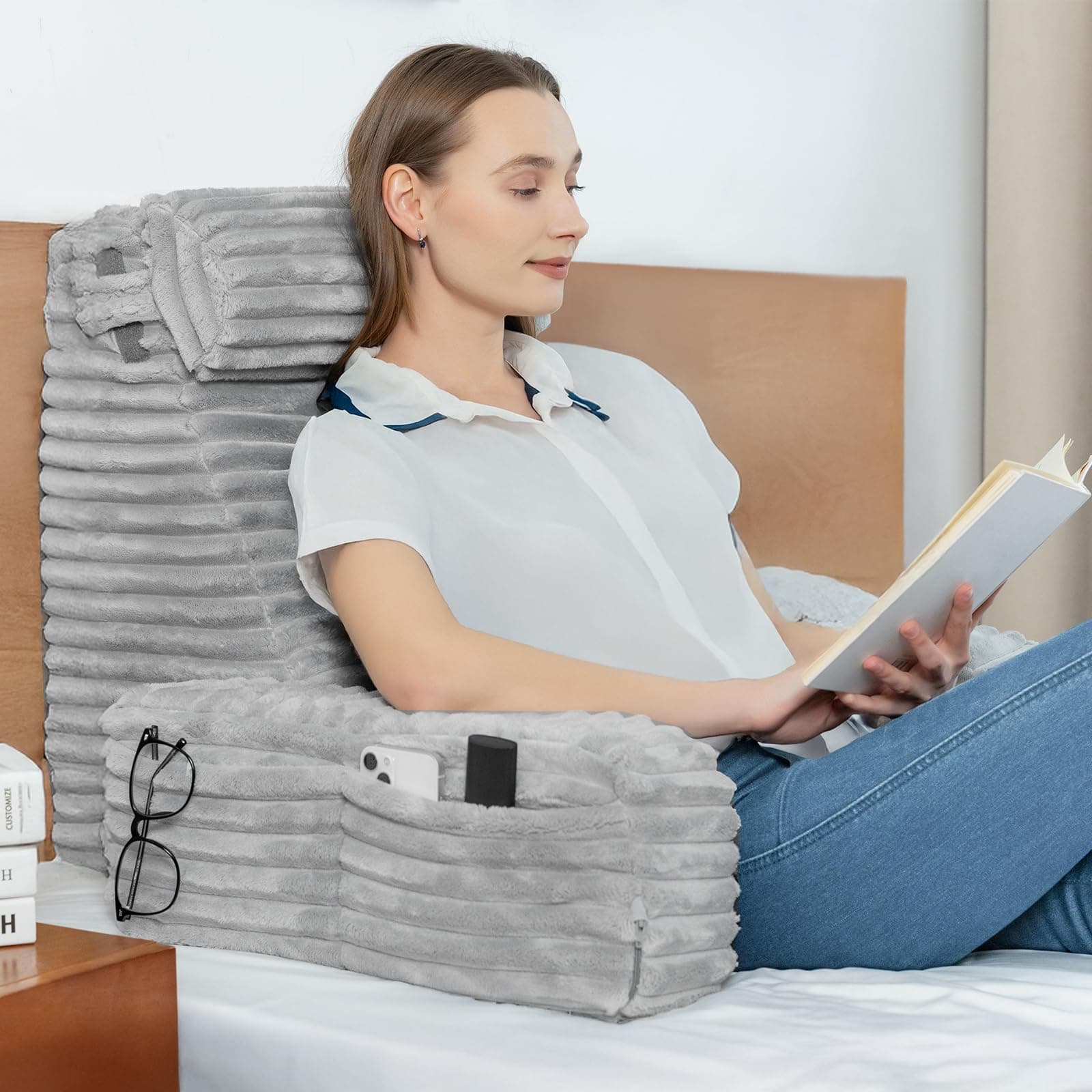 ENITYA Back Pillow for Bed Sitting up, Reading Pillow for Sitting in Bed Adult, Back Support Wedge for Reading/Resting/Post Surgery/Watching TV/Gaming,Light Grey