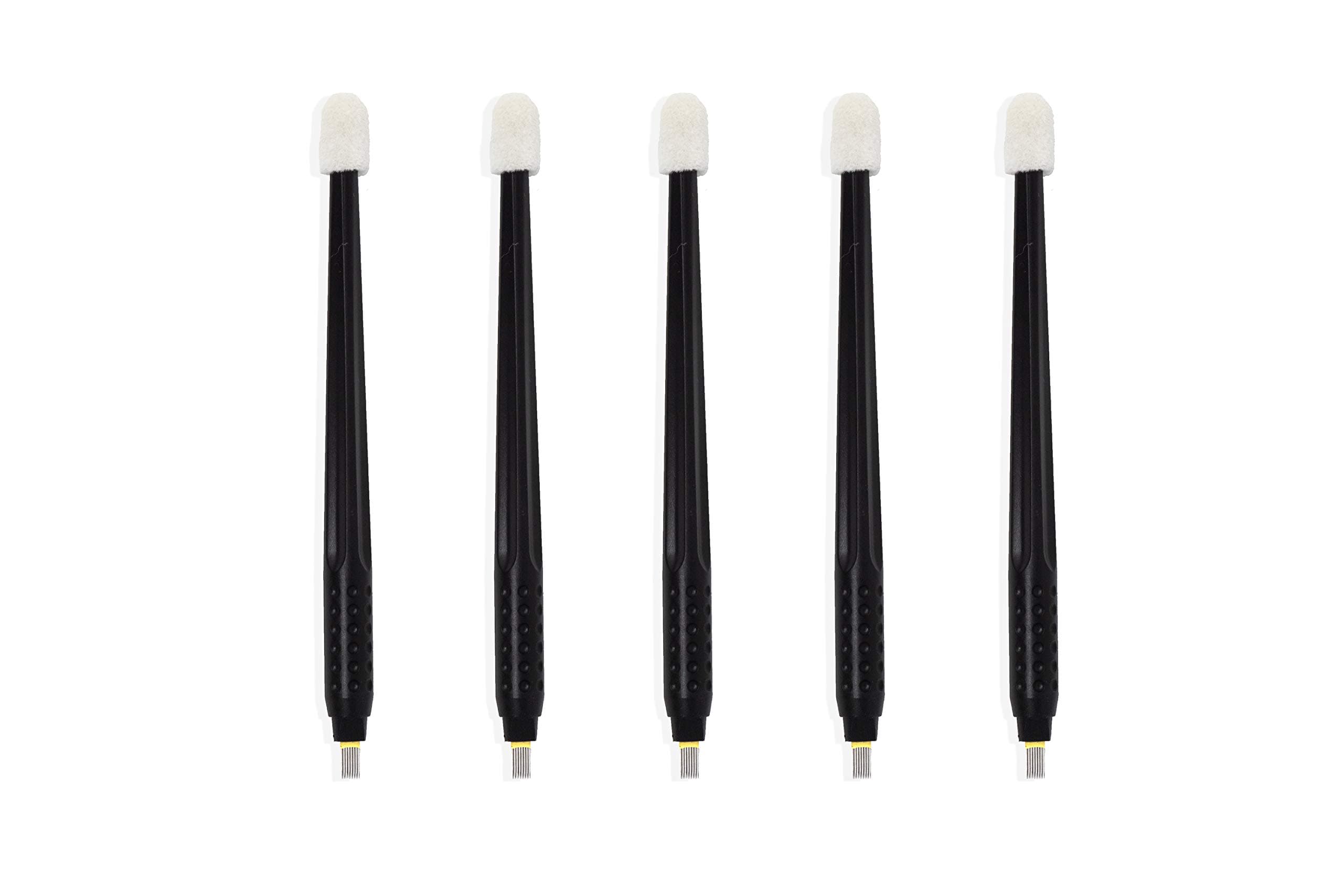 Disposable Sterile Microblading Pens with Cotton Tip - 5 Blades - Professional Eyebrow Tattoo Manual Hand Tools - Certified Safe, Sharp Needles for Permanent Makeup - (15M1 - Black)