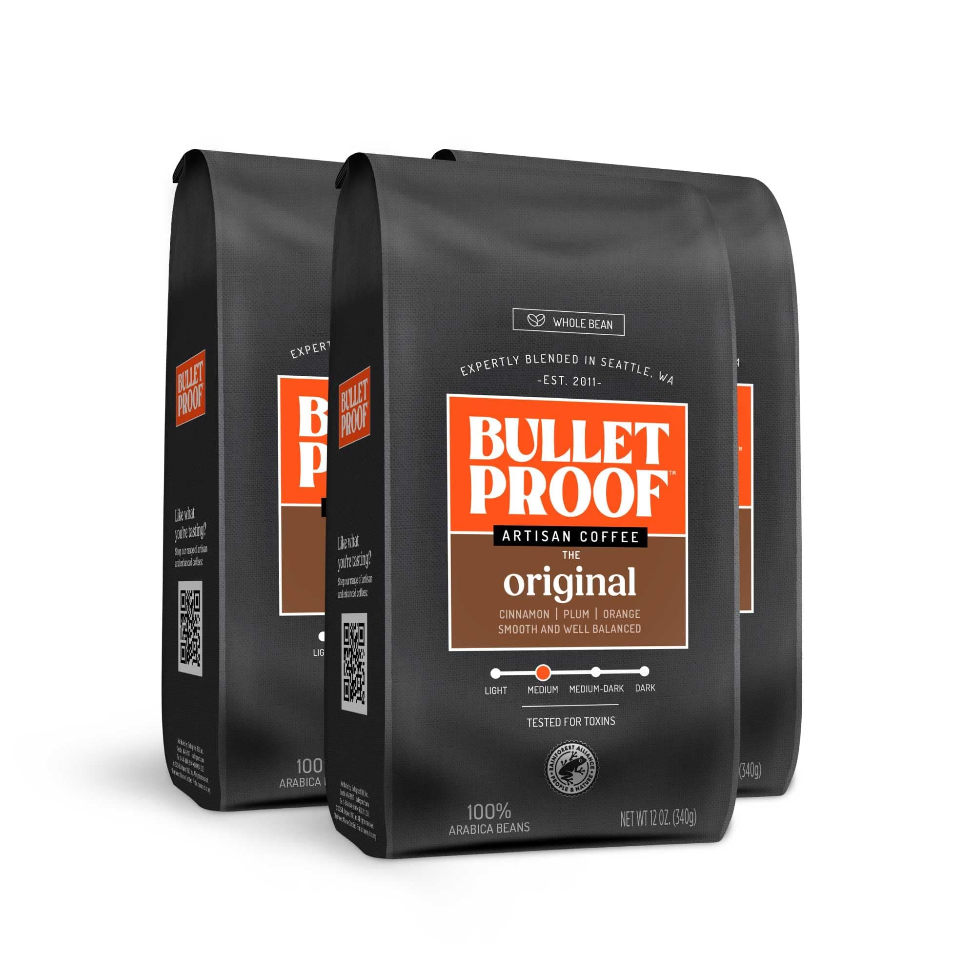 Bulletproof Original Medium Roast Whole Bean Coffee, 12 Ounces (Pack of 3), 100% Arabica Coffee Sourced from Guatemala, Colombia, & El Salvador
