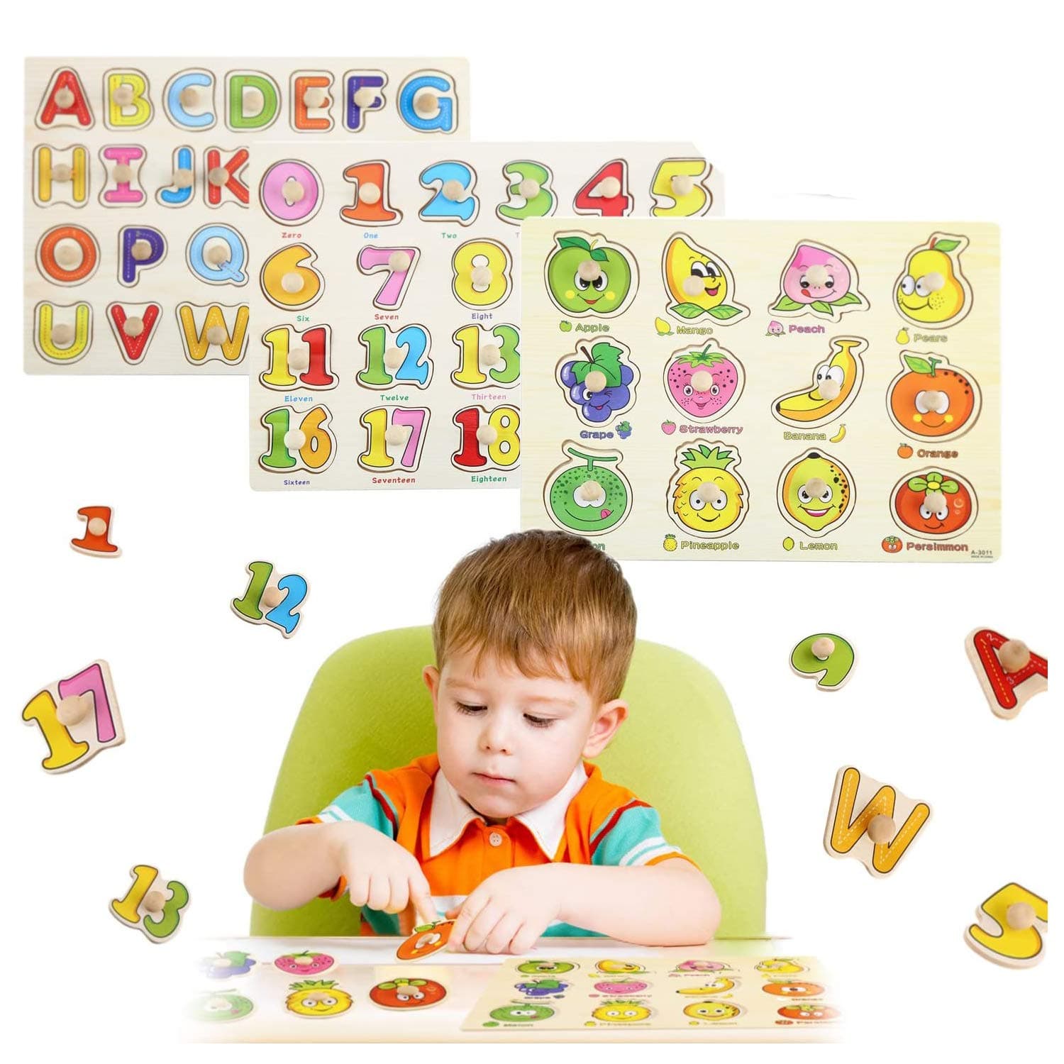 3 Packs Wooden Jigsaw Deluxe Classic Peg Puzzle Bundle 3 Alphabet/Number/Fruit Set Toys Educational Letter Games