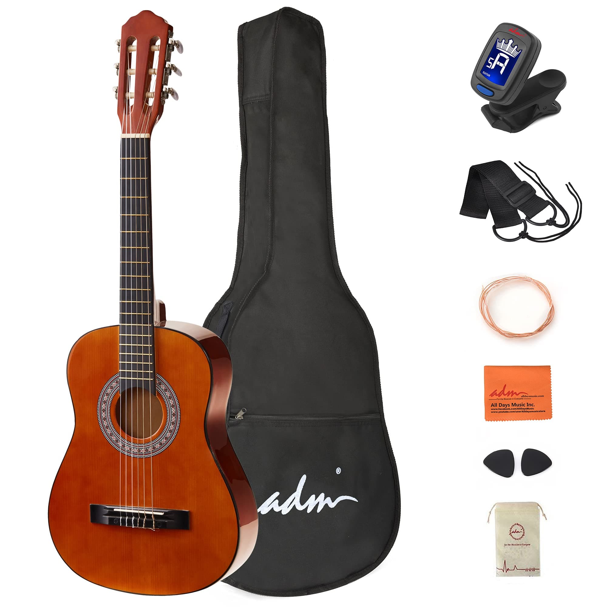 ADM Beginner Acoustic Classical Guitar 1/2 size 34 Inch Nylon Strings Wooden Guitar Bundle Kit for Kid Boy Girl Student Youth Guitarra Free Online Lessons with Gig Bag, Strap, Tuner, Picks,Sunset