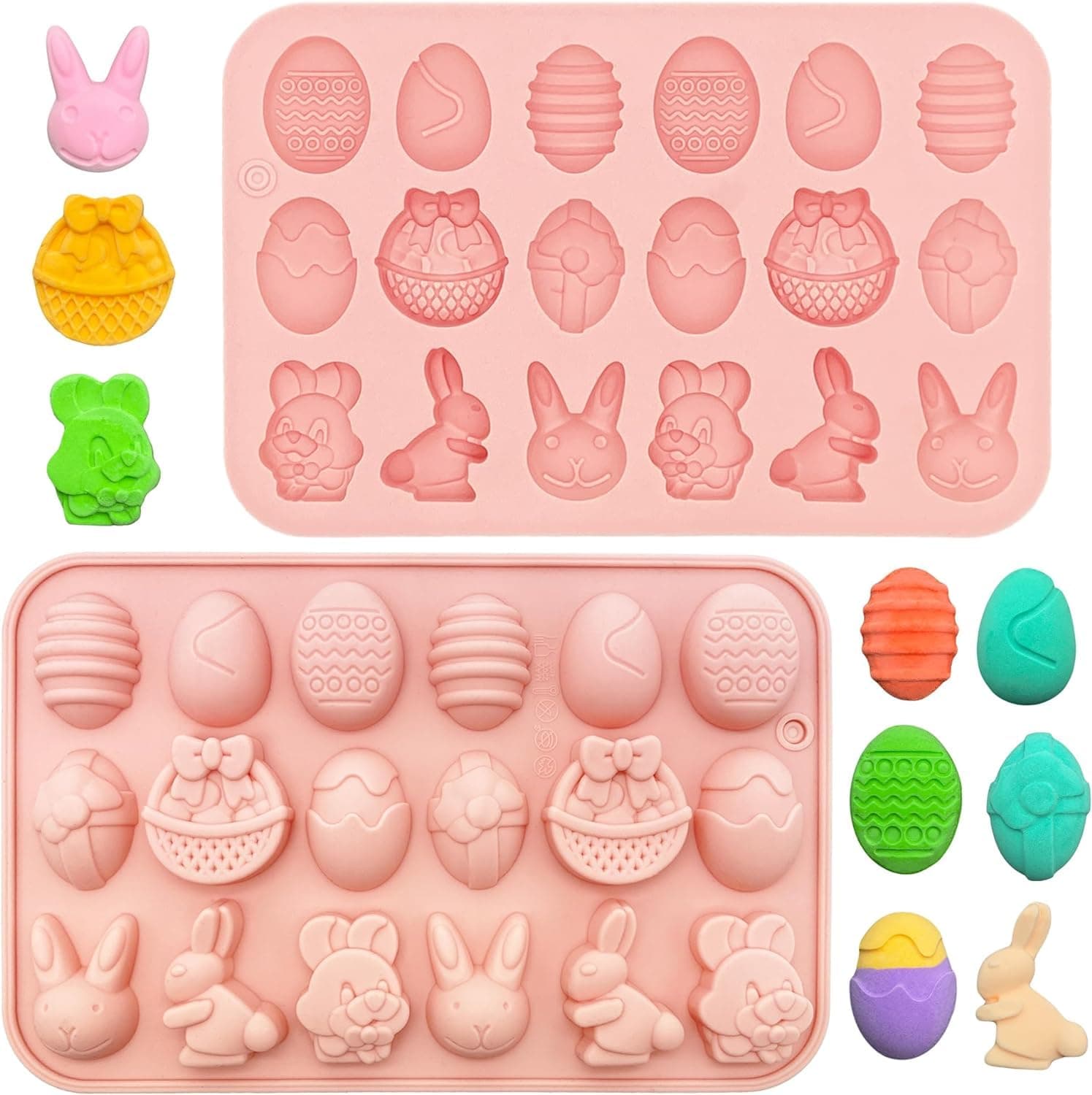 - Easter Silicone Gummy Chocolate Moulds 18 Cavity Egg,Bunny, Rabbit Head,Basket 9 Shapes Mould for DIY Candy,Jelly Wax Melt Tray for Cupcake Decor Kids Holidays Gifting Fudge Making Set