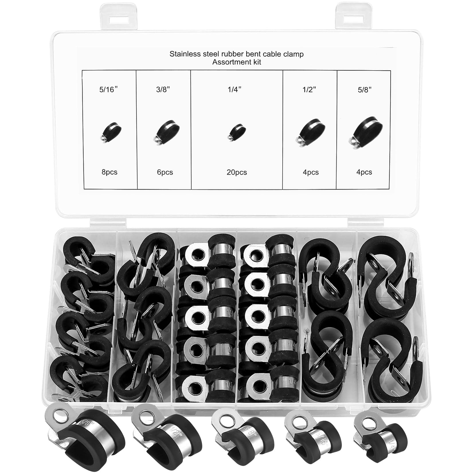 42 Pcs Rubber Lined P Clips, Stainless Steel Pipe Clips, Metal Hose Pipe Clamps, Hose Clamps, Wire Cable Clamp, 6mm 8mm 9mm 13mm 16mm