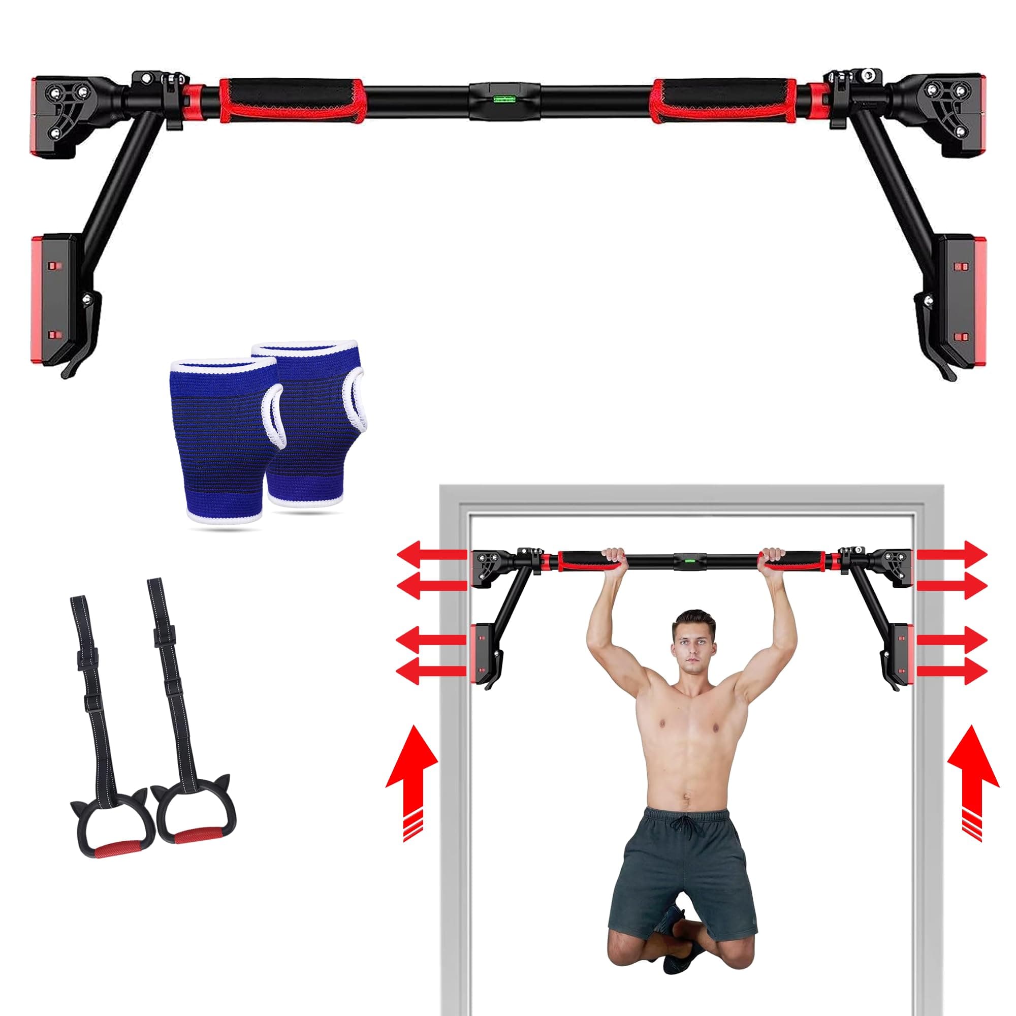 Pull Up Bar - Two-way Support Strength Training Chin up Bar for Doorway, 1 Pair of Gym Rings, 1Pair of Gloves, Portable Pullup Bar for Gym Exercise Fitness with Level Meter (Black, Pack of 3)