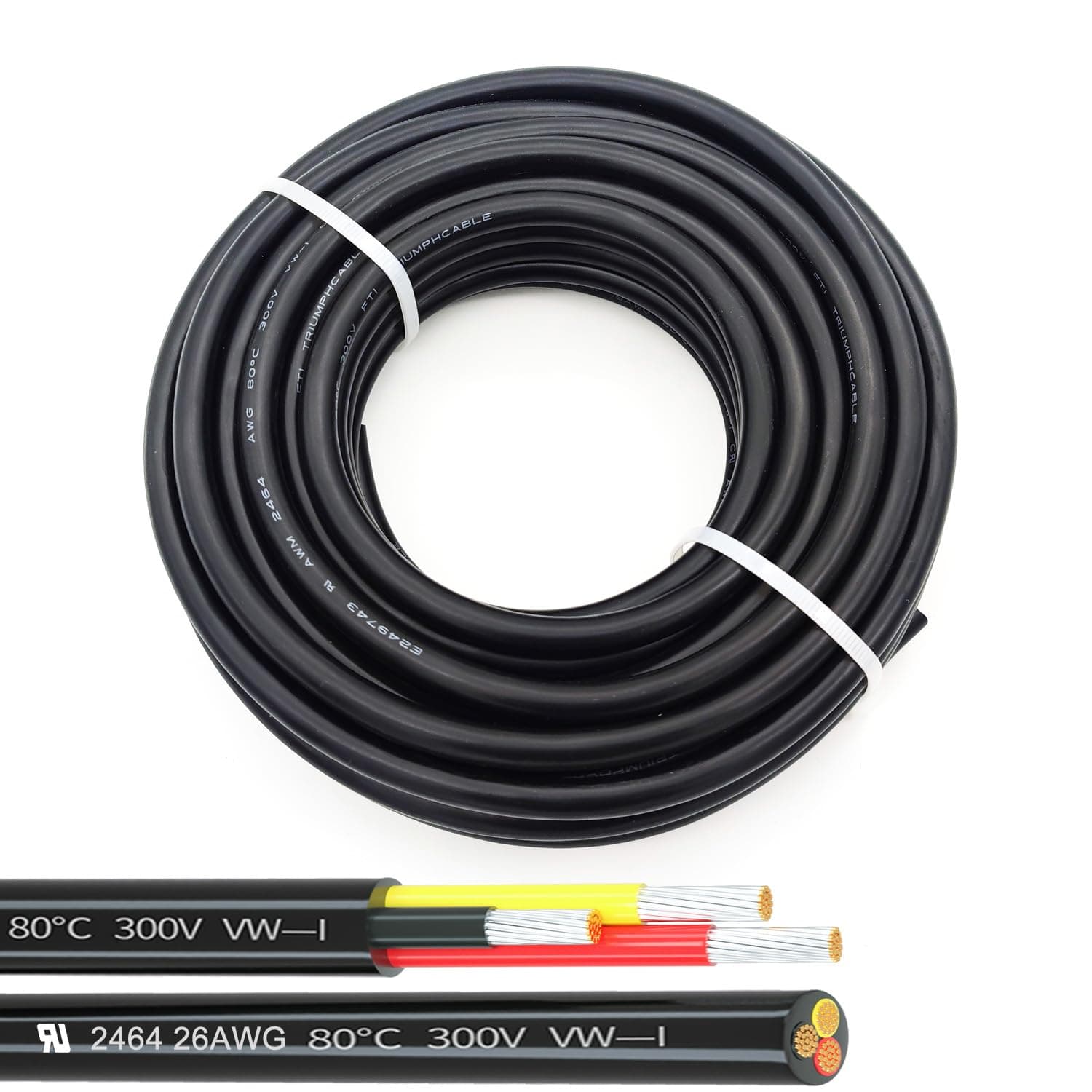 26AWG UL2464 Power Cable Flexible Stranded Electrical Wire LED Red & Black & Yellow 3 Conductors 25ft tinned Copper