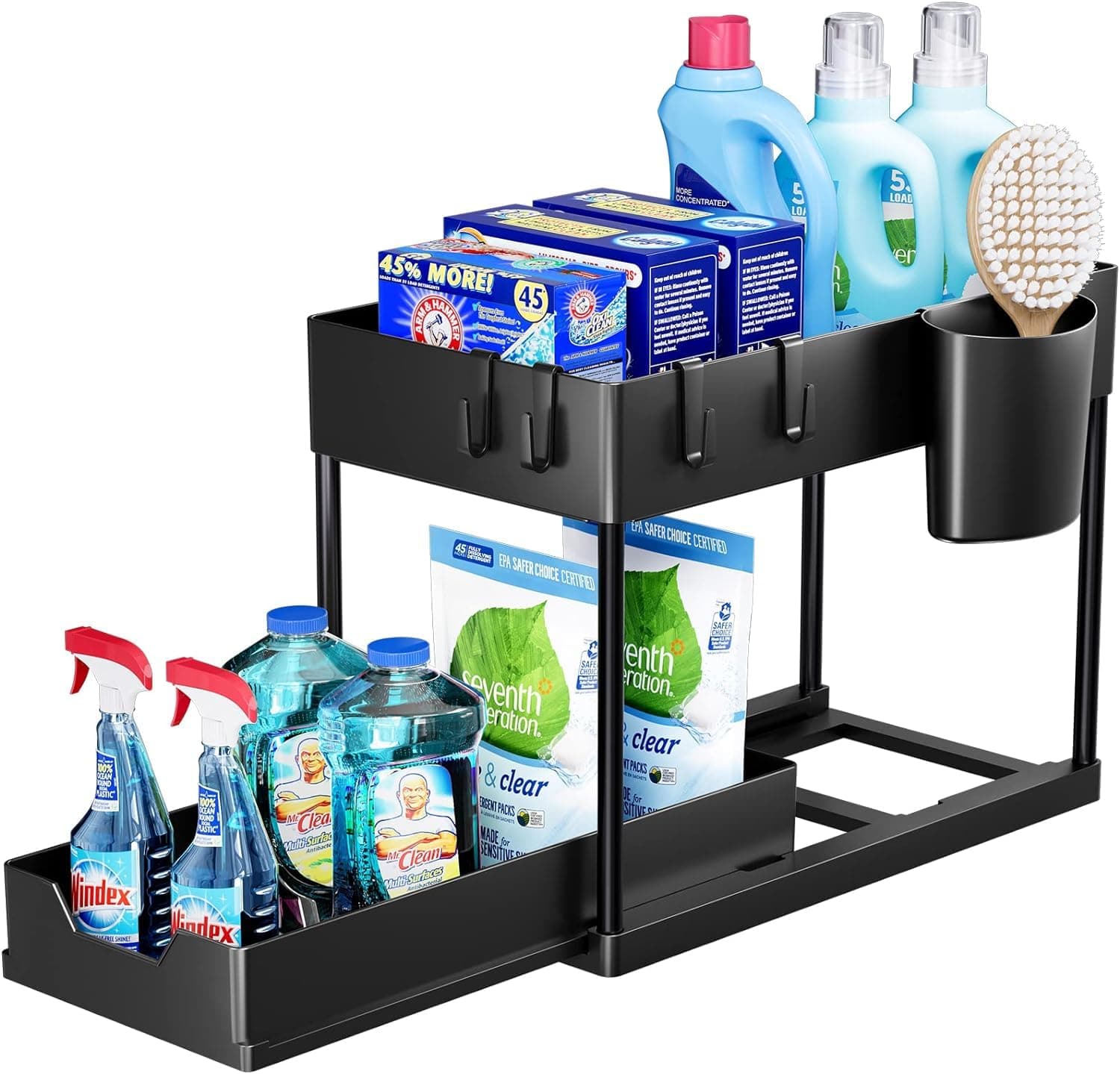 SKY-TOUCH 1pcs Under Sink Shelf Storage Organiser with Sliding Pull Out Drawer,Double Sliding Under Bathroom Cabinet Organization, Kitchen Storage with Hooks,15.6 * 8.6 * 13.2cm,Black