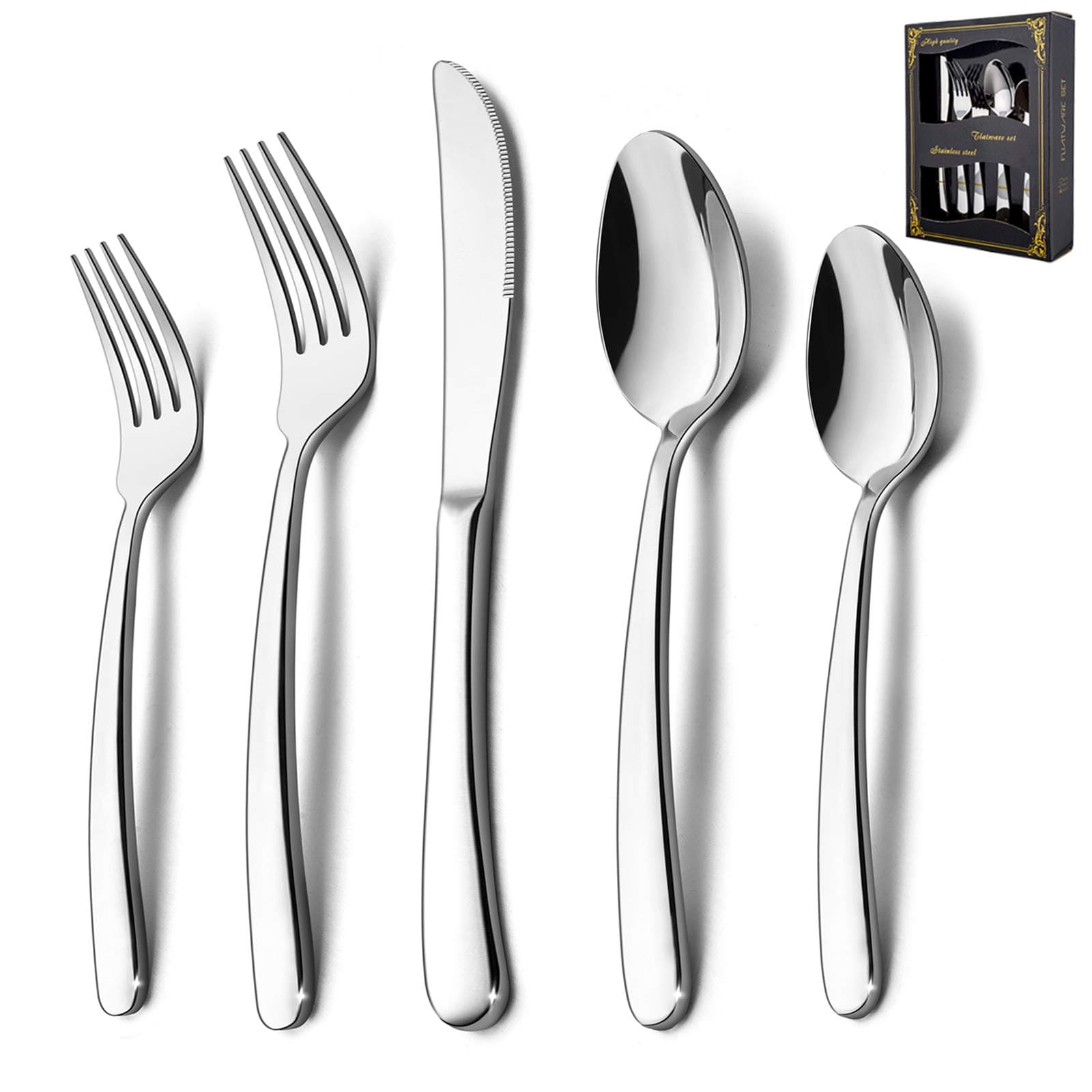 Heavy Duty Silverware Set, 40-Piece Stainless Steel Flatware Cutlery for 8, Modern & Elegant Design Includes Knives/Forks/Spoons, Mirror Polished and Dishwasher Safe
